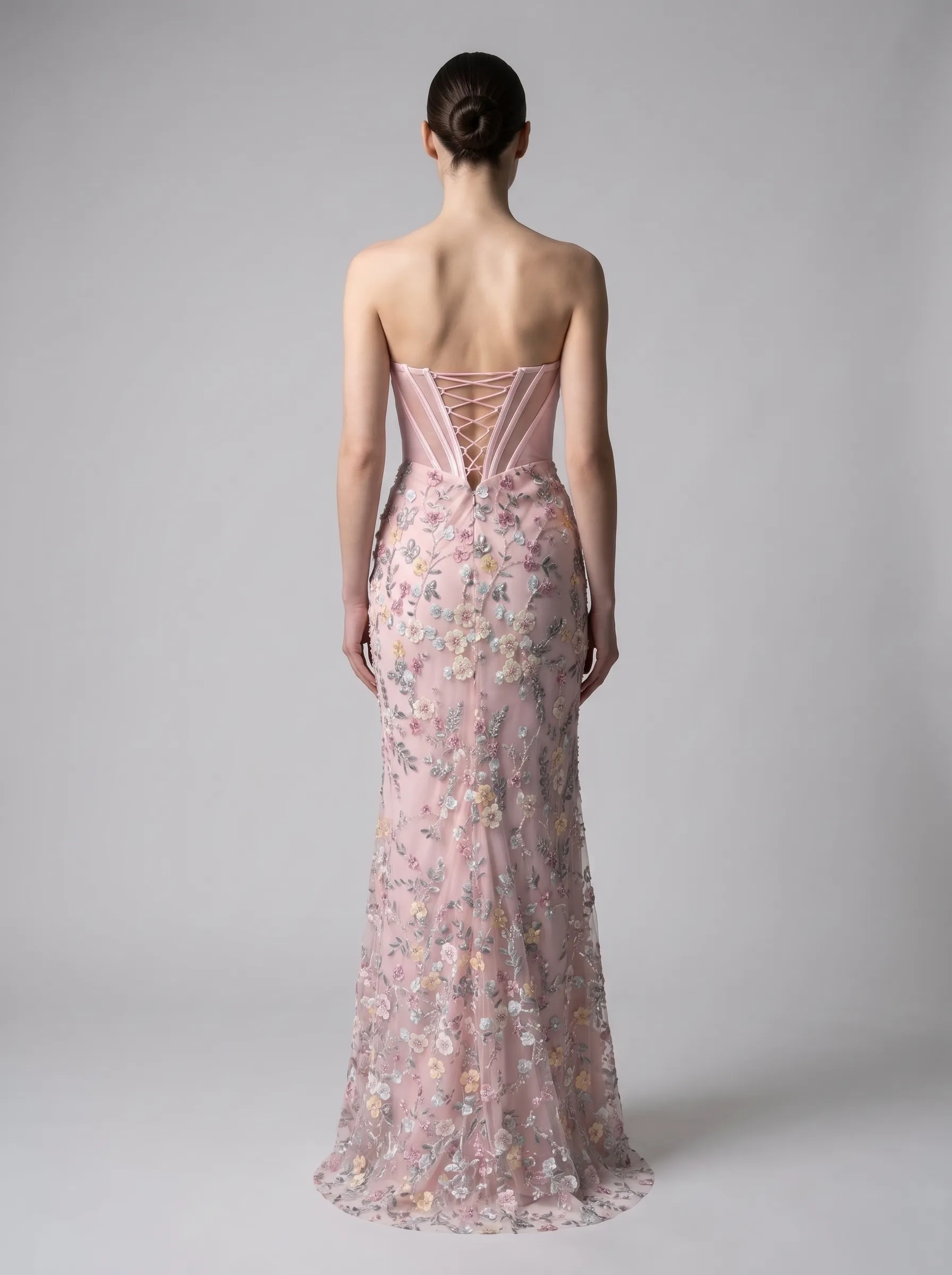 Pink Satin Corset Strapless 3D Floral Embroidered Mermaid Prom Dress with Lace-Up Back CLP7015