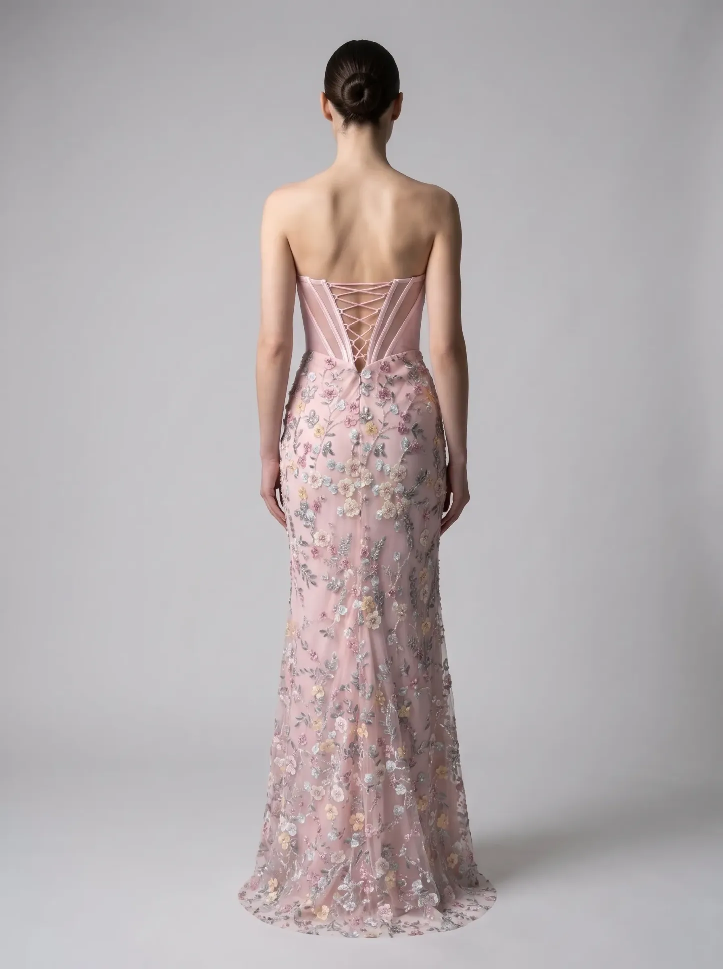 Pink Satin Corset Strapless 3D Floral Embroidered Mermaid Prom Dress with Lace-Up Back CLP7015