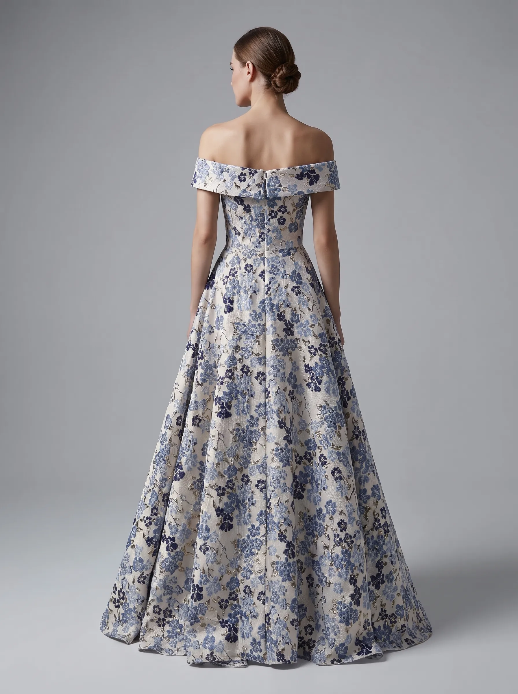 Ivory & Blue Floral Brocade Off-Shoulder Folded Neckline A-Line Evening Gown with Slit CLP7019