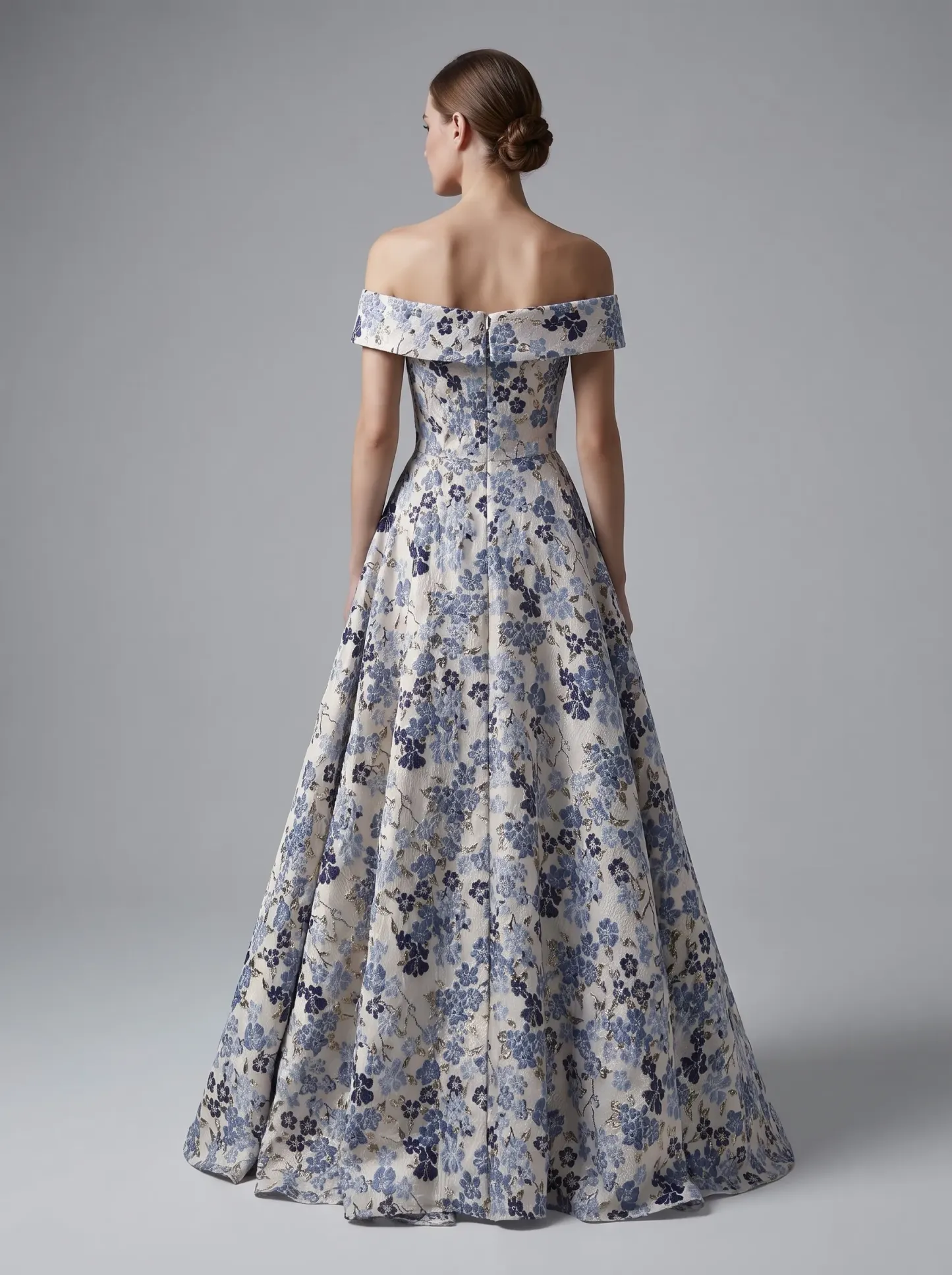Ivory & Blue Floral Brocade Off-Shoulder Folded Neckline A-Line Evening Gown with Slit CLP7019
