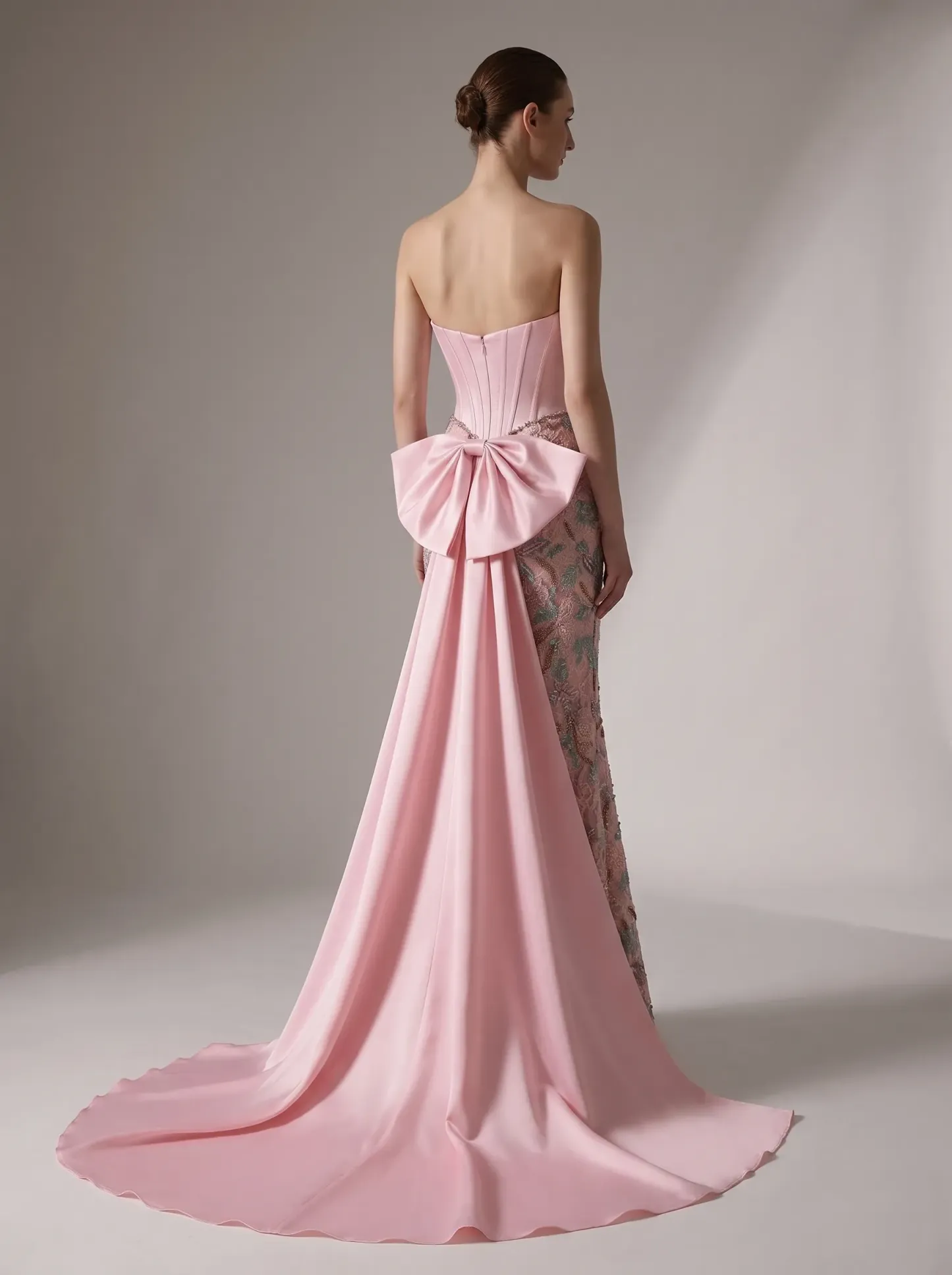 Pink Satin Corset Strapless Beaded Floral Embroidery Mermaid Gown with Back Bow & Train CLP7014