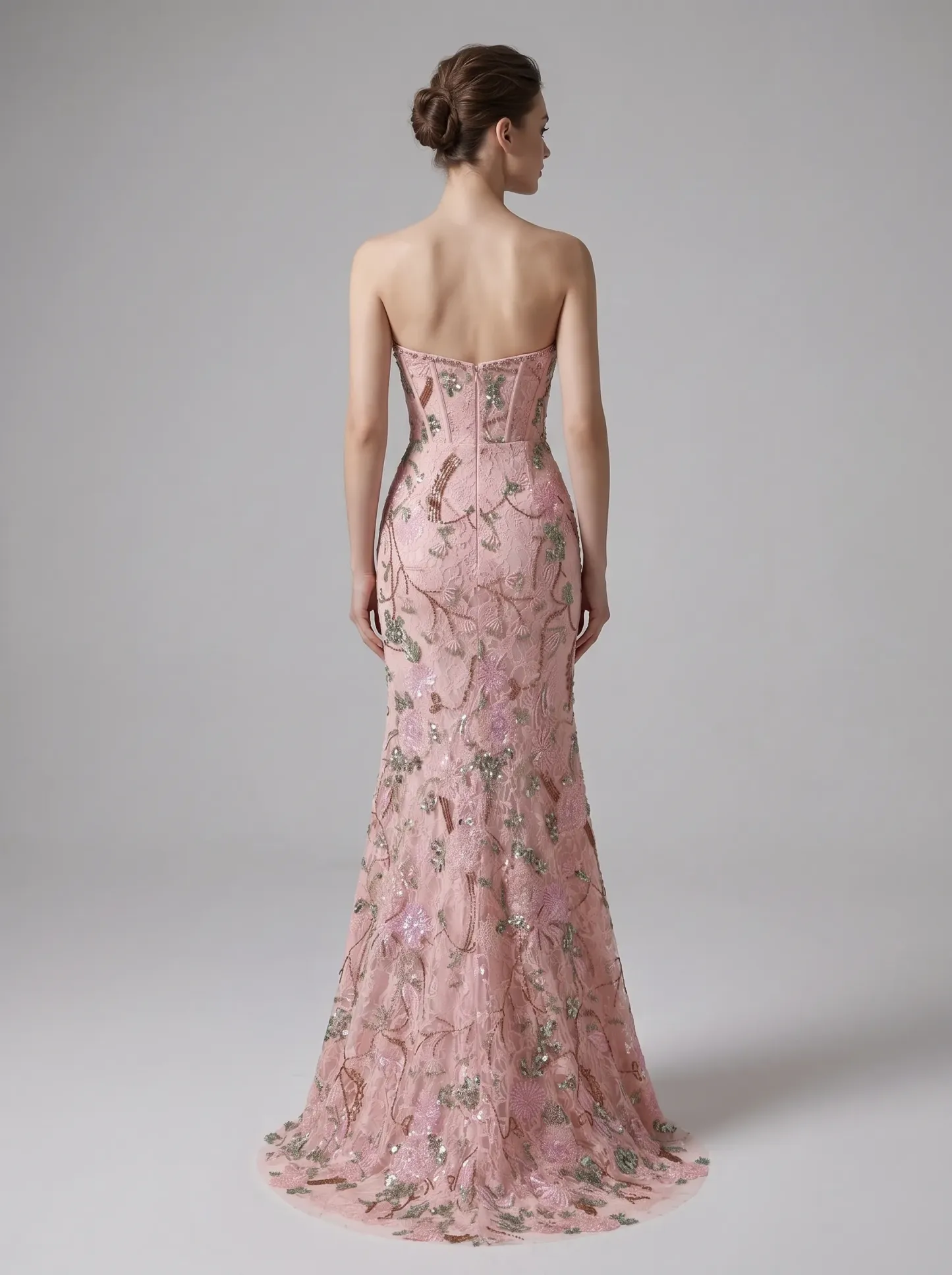 Pink Botanical Beaded Embroidery Strapless Corset Mermaid Evening Gown with High Slit CLP7013