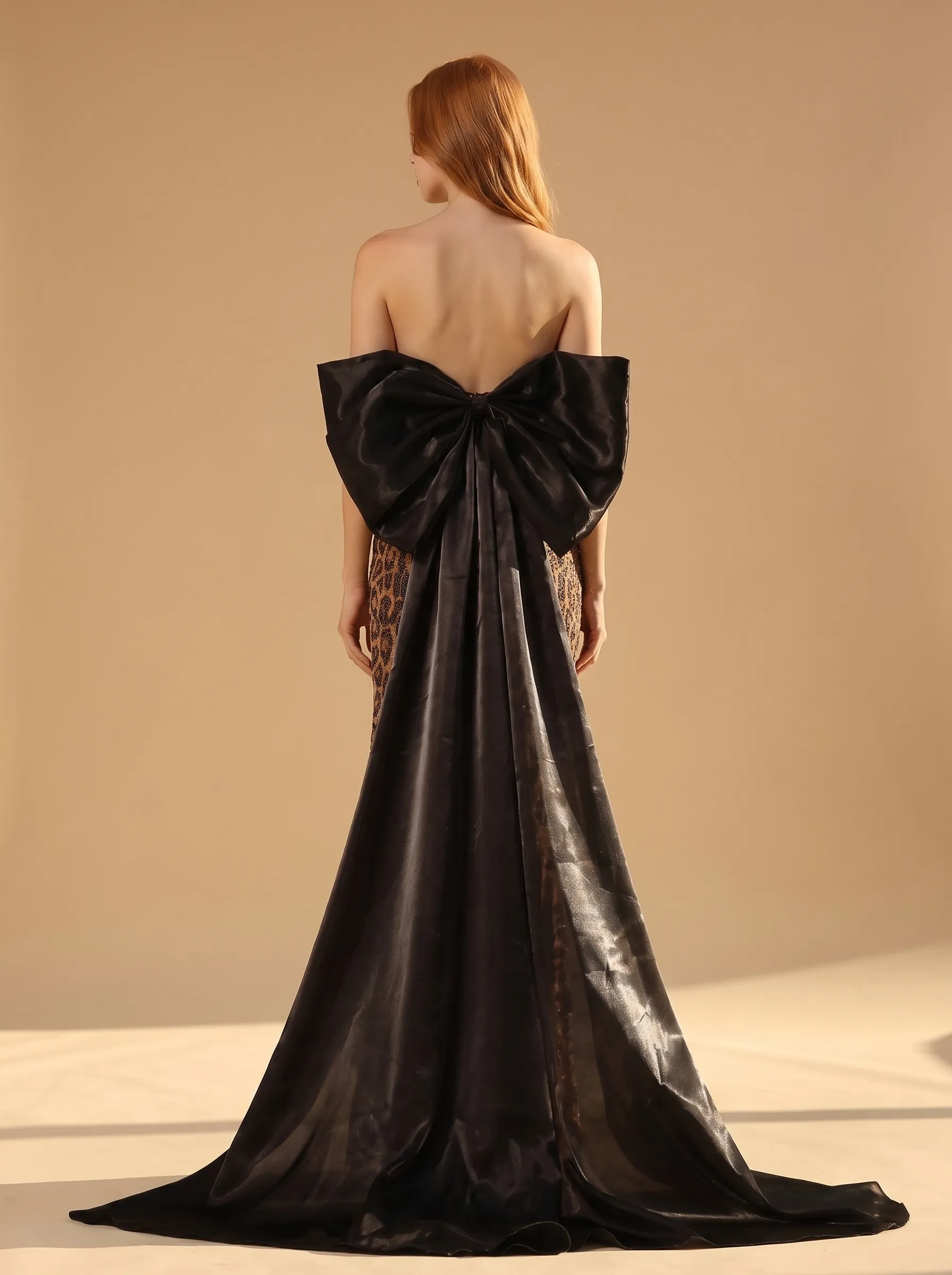 Sequin Leopard Print Strapless Mermaid Evening Gown with Black Satin Back Bow & Train CLP7012