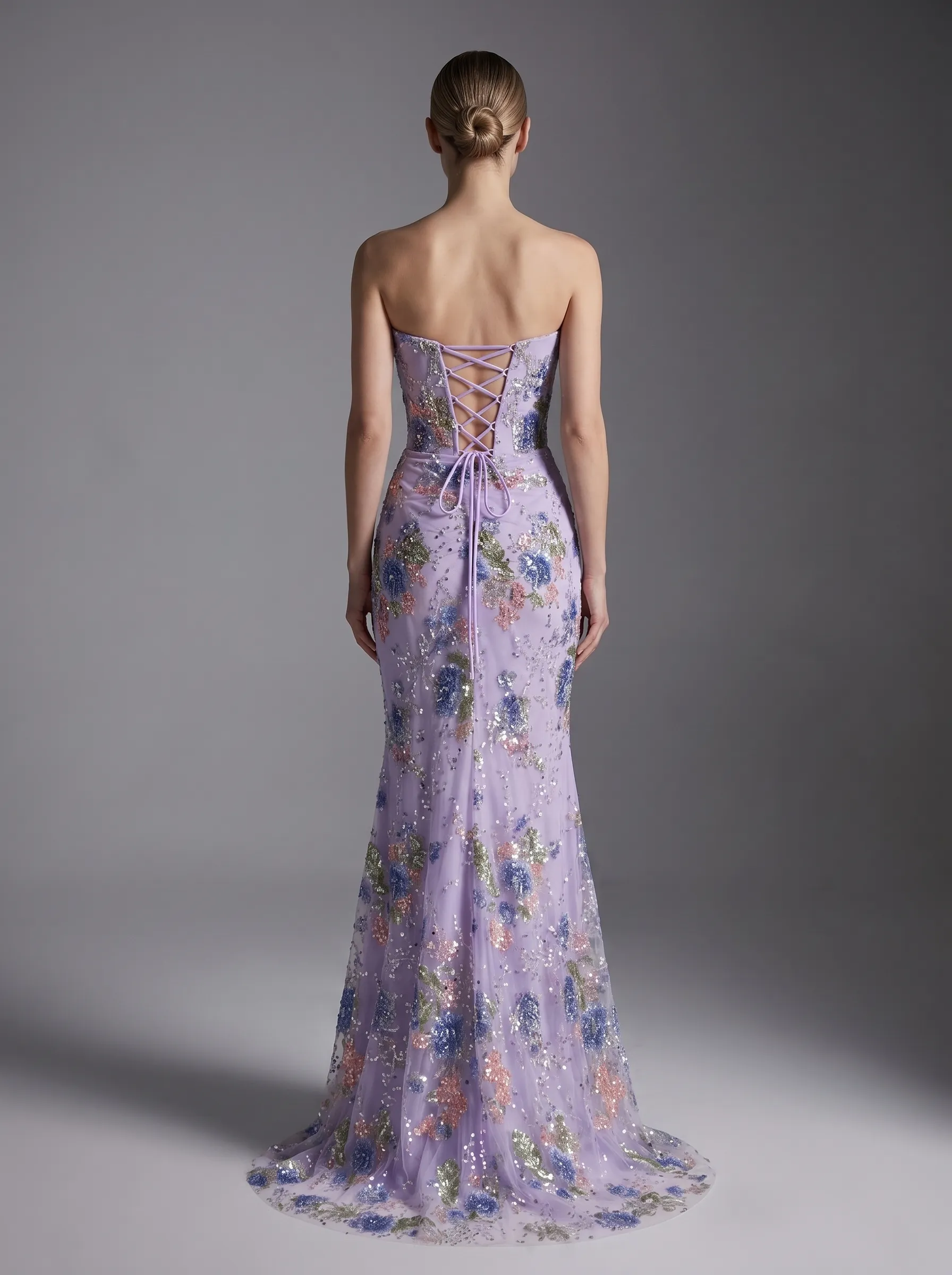 Lavender Floral Embroidered Strapless Sheer Corset Mermaid Evening Gown with Lace-Up Back & Slit CLP7017