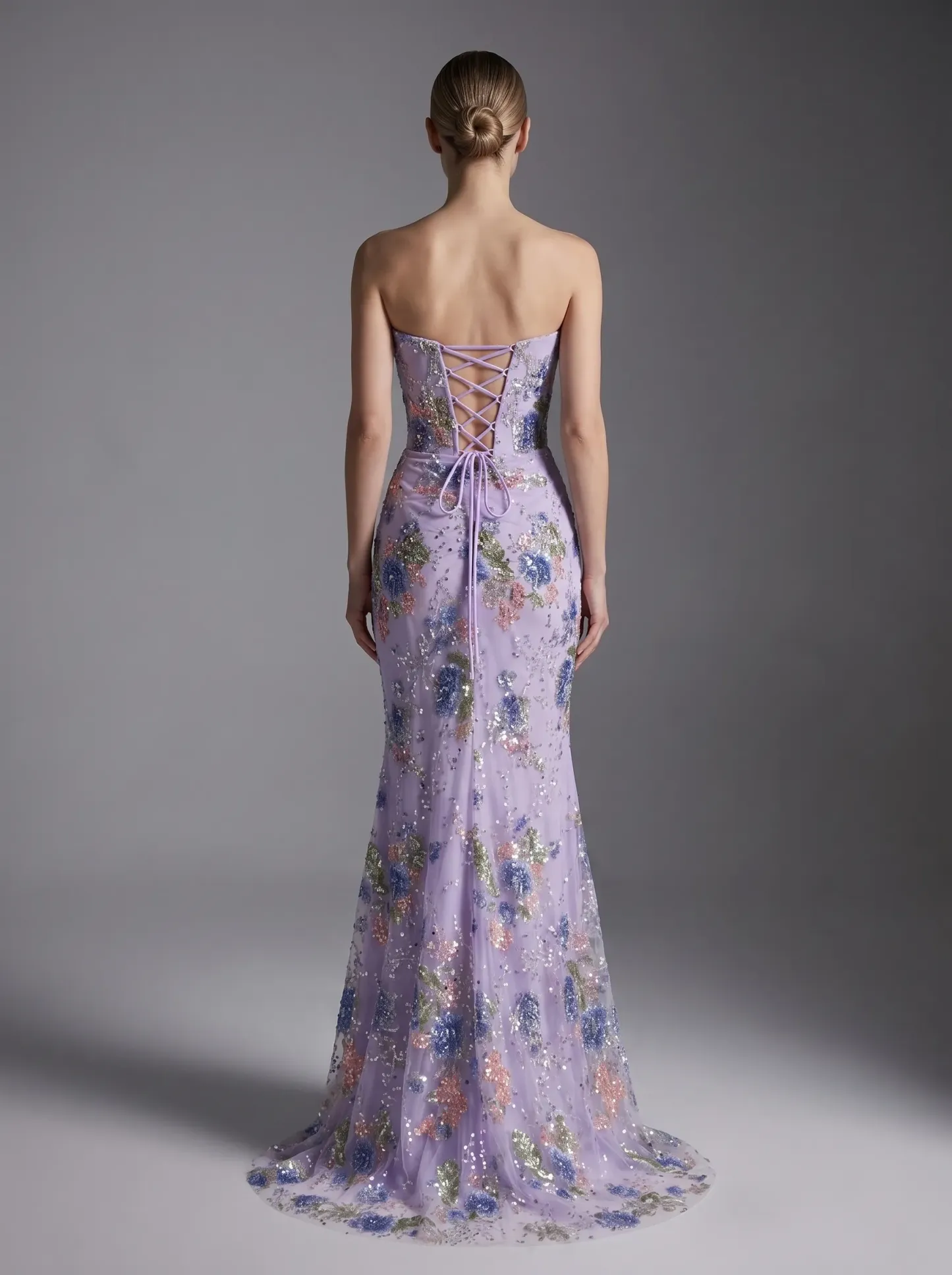 Lavender Floral Embroidered Strapless Sheer Corset Mermaid Evening Gown with Lace-Up Back & Slit CLP7017