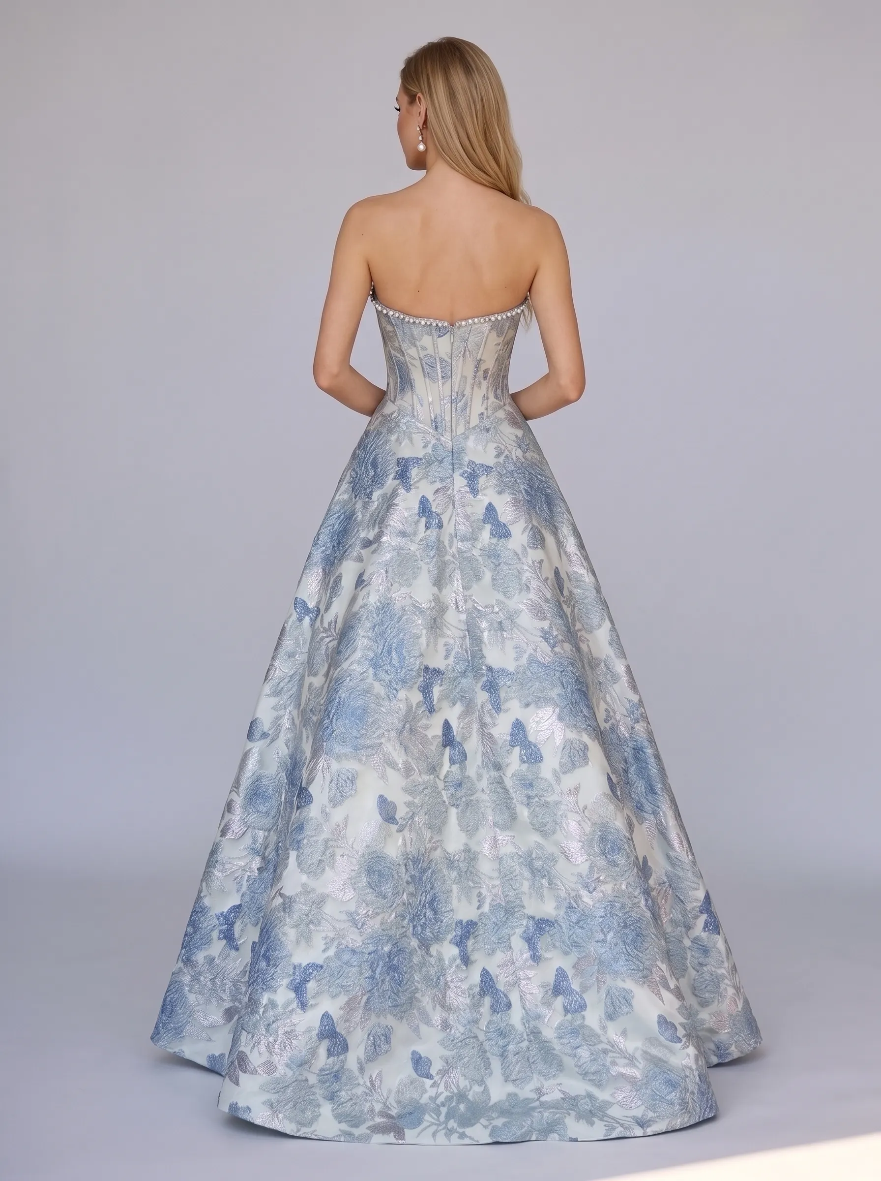 Silver & Blue Floral Brocade Strapless Pearl-Trimmed Corset Ball Gown CLP7011