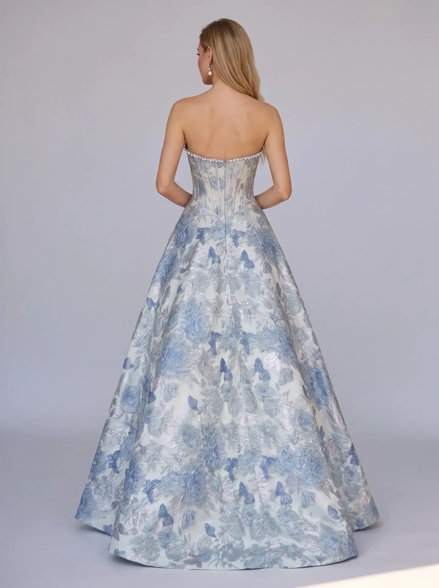 Silver & Blue Floral Brocade Strapless Pearl-Trimmed Corset Ball Gown CLP7011