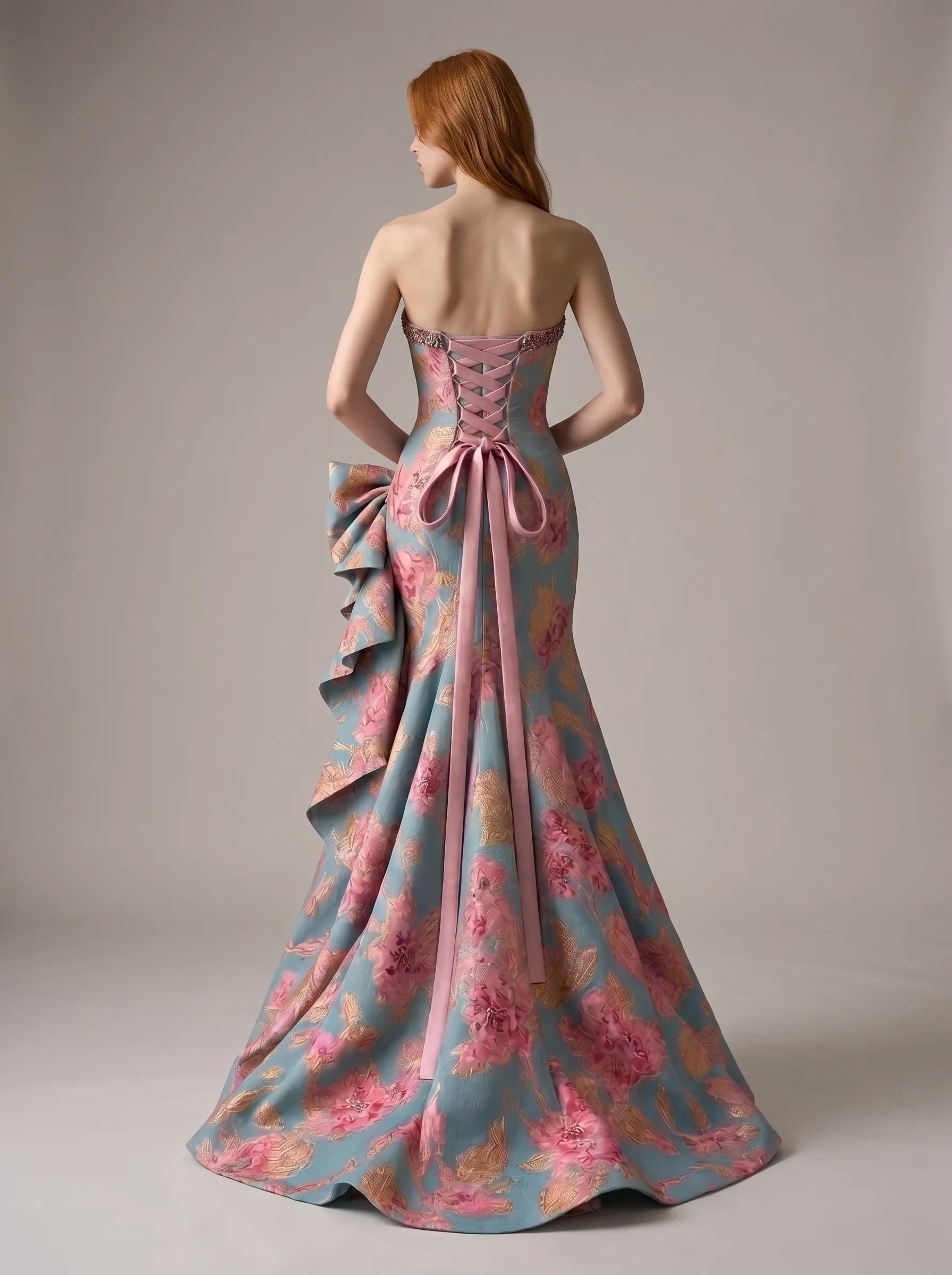 Pale Blue & Pink Floral Jacquard Strapless Mermaid Evening Gown with Bow & Cascading Ruffle CLP7024