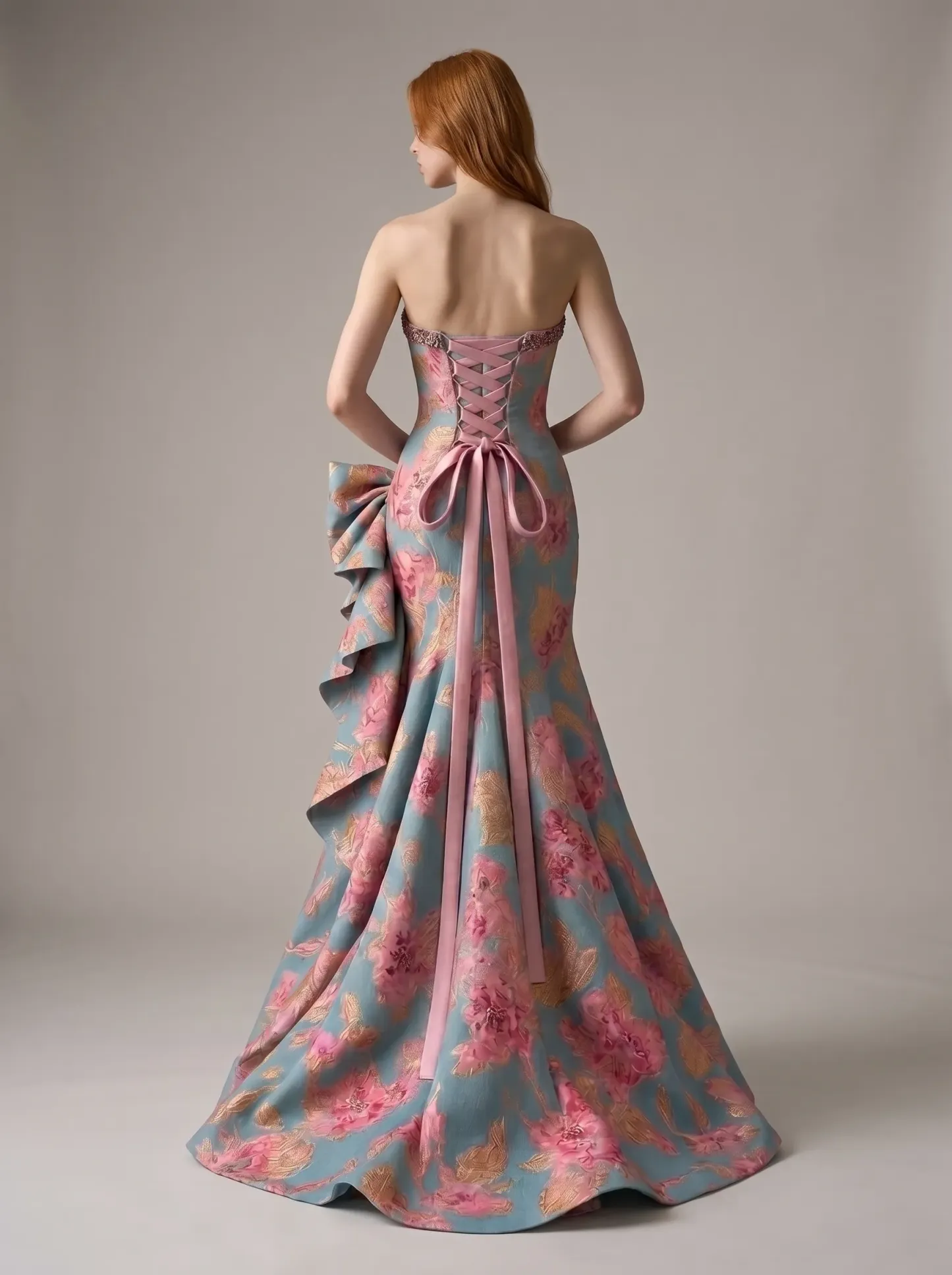 Pale Blue & Pink Floral Jacquard Strapless Mermaid Evening Gown with Bow & Cascading Ruffle CLP7024