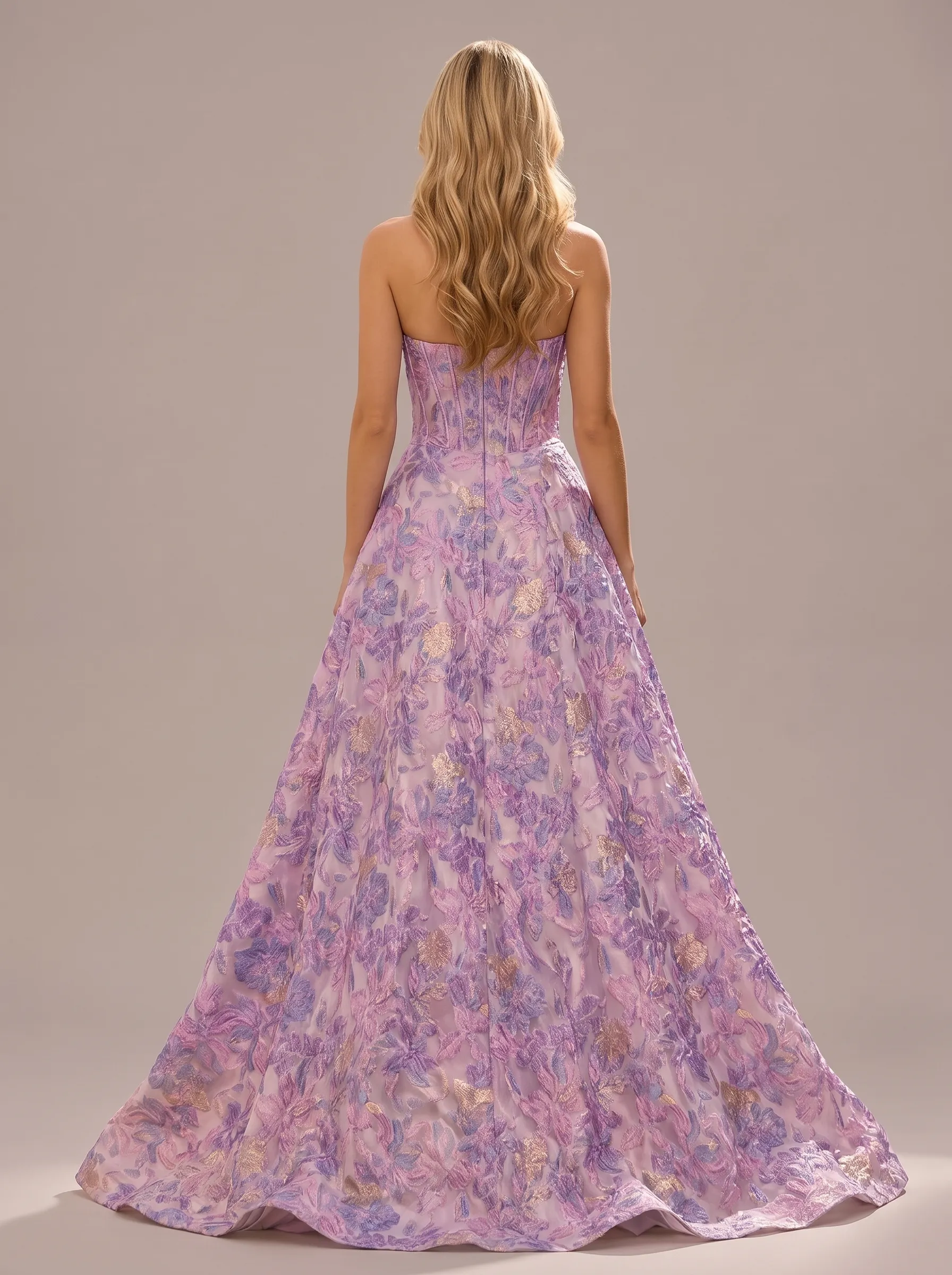 Lavender 3D Floral Embroidered Strapless Pearl Trim Corset Ball Gown with Bow & Pockets CLP7021