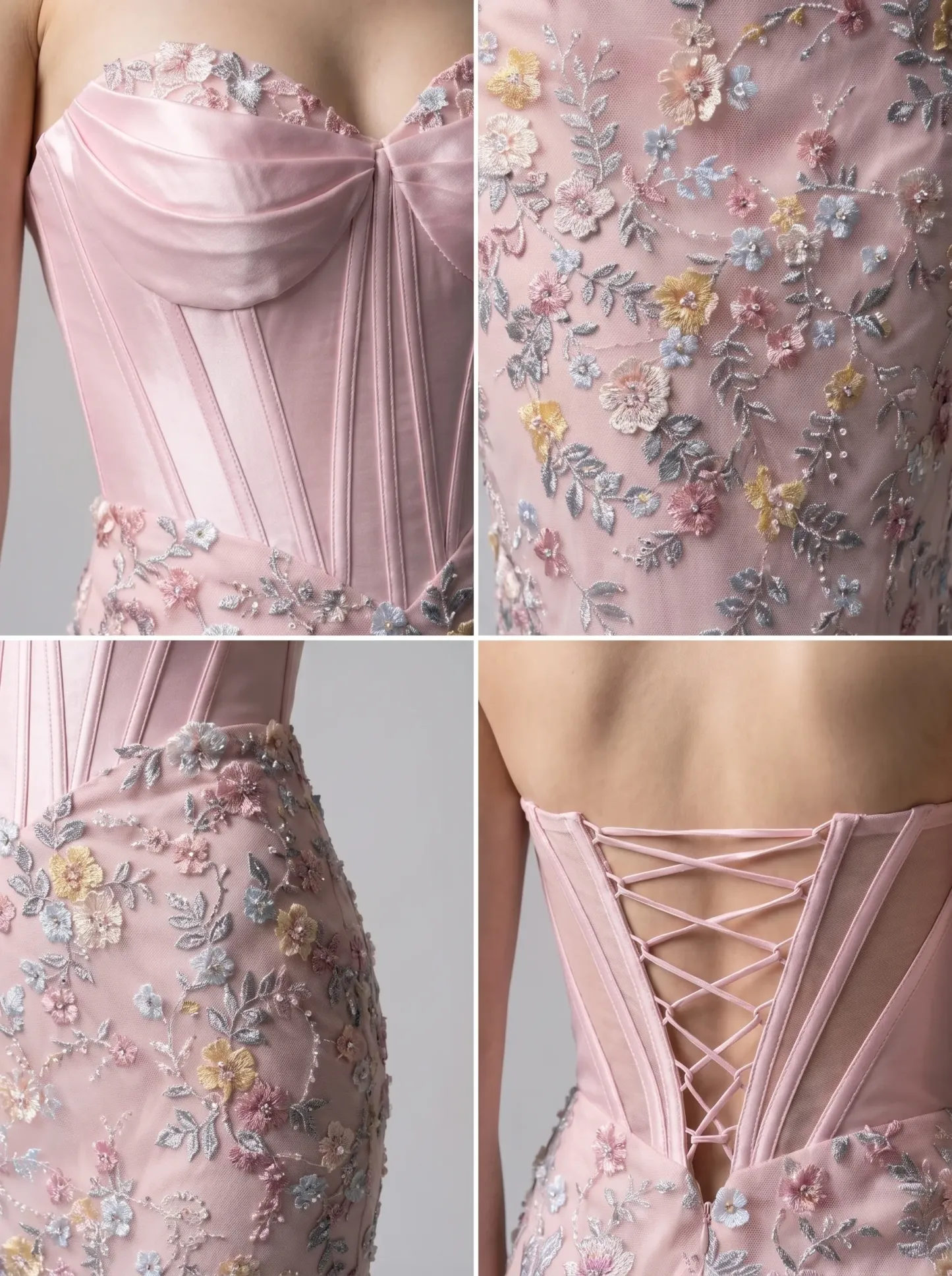 Pink Satin Corset Strapless 3D Floral Embroidered Mermaid Prom Dress with Lace-Up Back CLP7015
