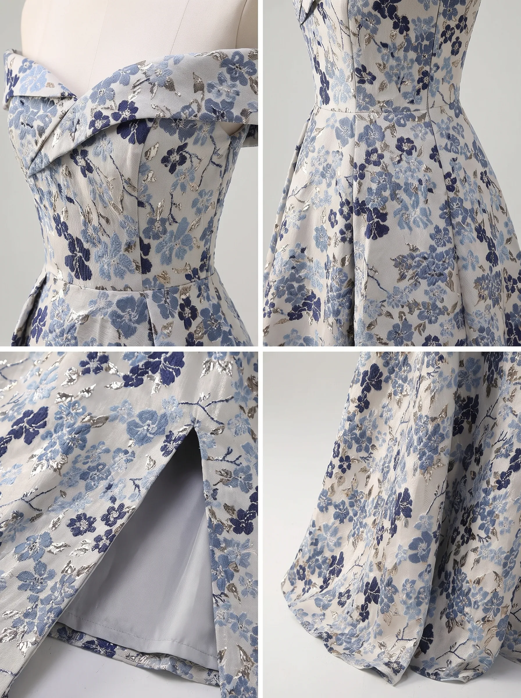 Ivory & Blue Floral Brocade Off-Shoulder Folded Neckline A-Line Evening Gown with Slit CLP7019