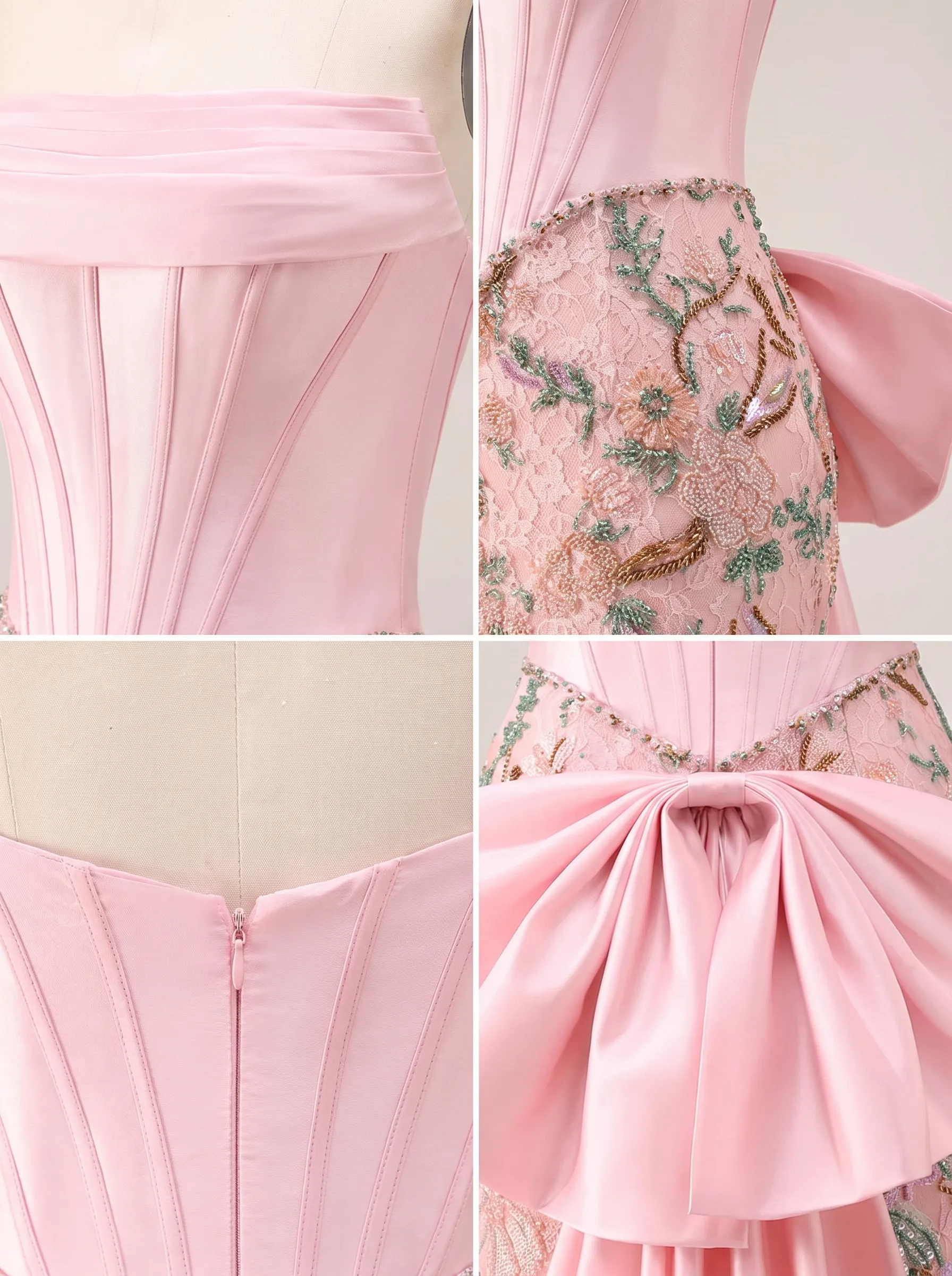 Pink Satin Corset Strapless Beaded Floral Embroidery Mermaid Gown with Back Bow & Train CLP7014