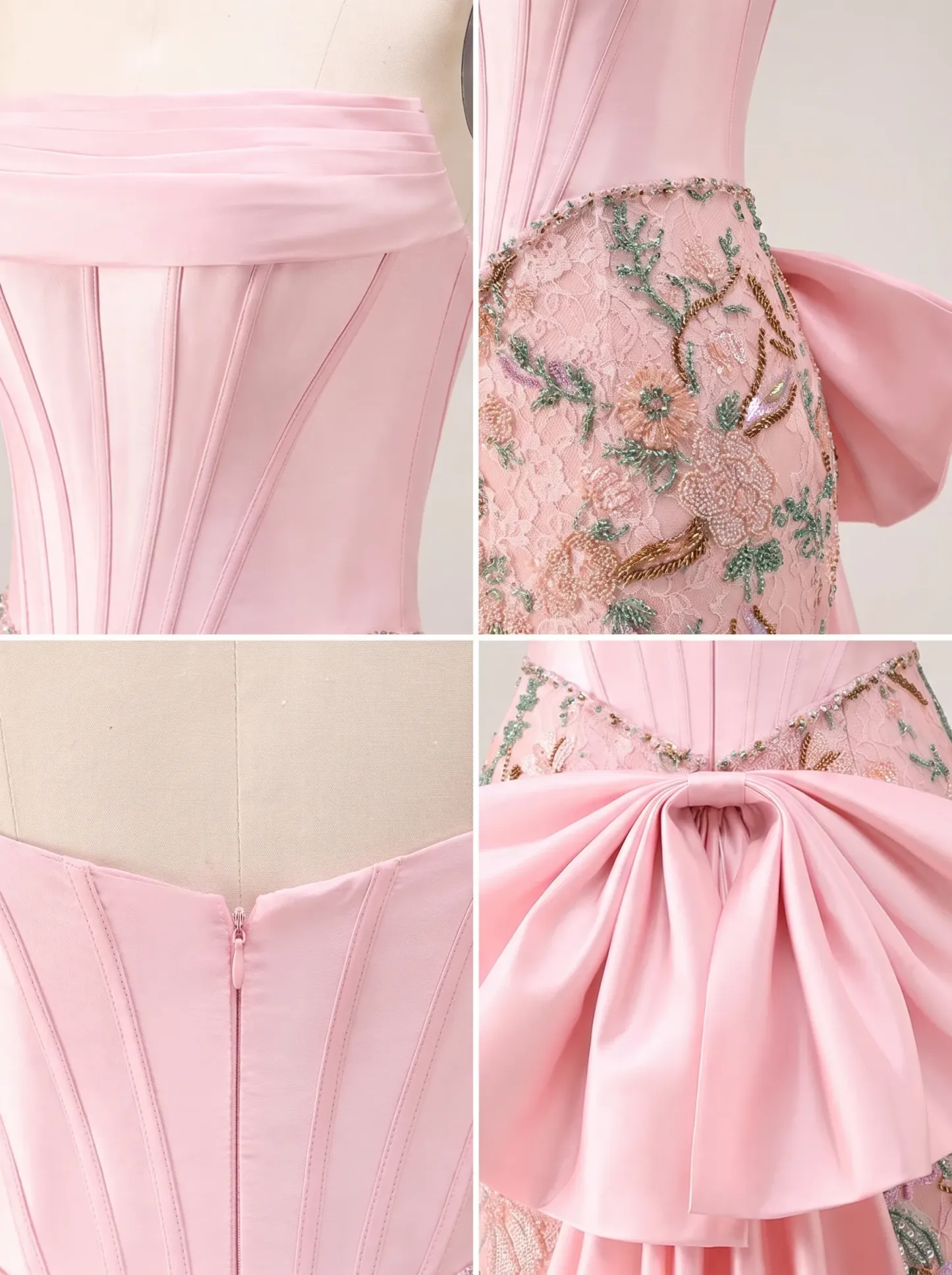 Pink Satin Corset Strapless Beaded Floral Embroidery Mermaid Gown with Back Bow & Train CLP7014