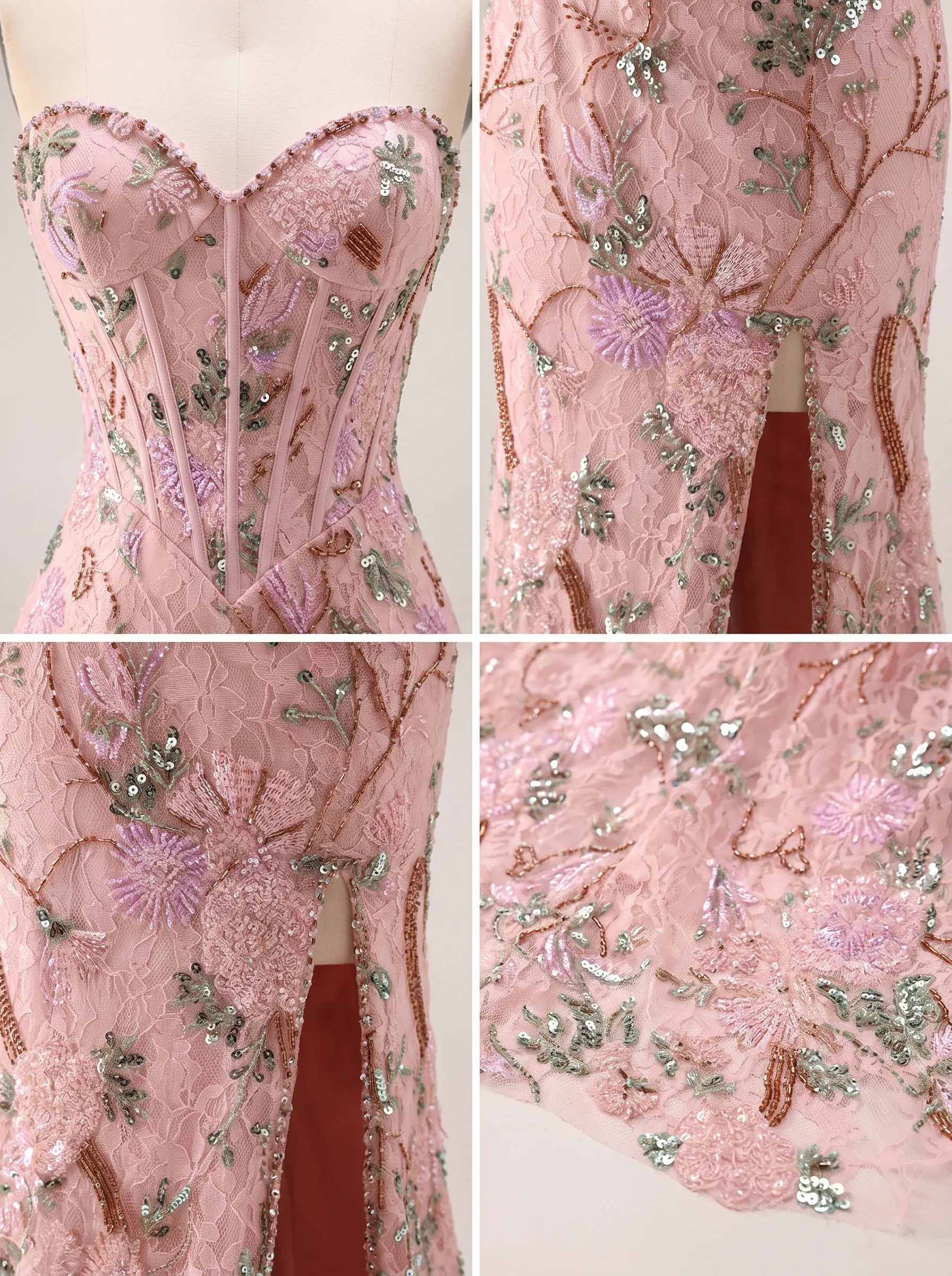 Pink Botanical Beaded Embroidery Strapless Corset Mermaid Evening Gown with High Slit CLP7013