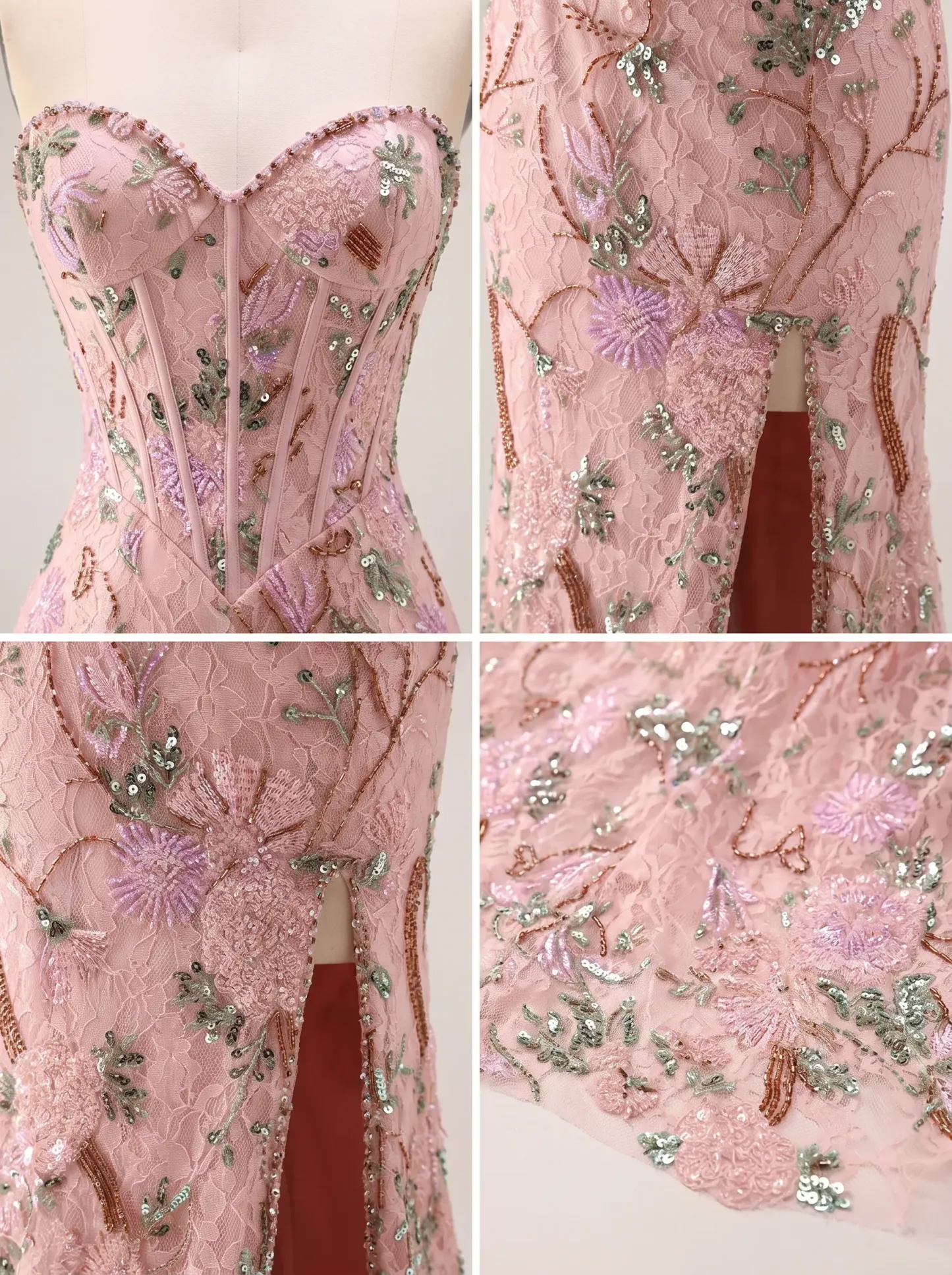 Pink Botanical Beaded Embroidery Strapless Corset Mermaid Evening Gown with High Slit CLP7013