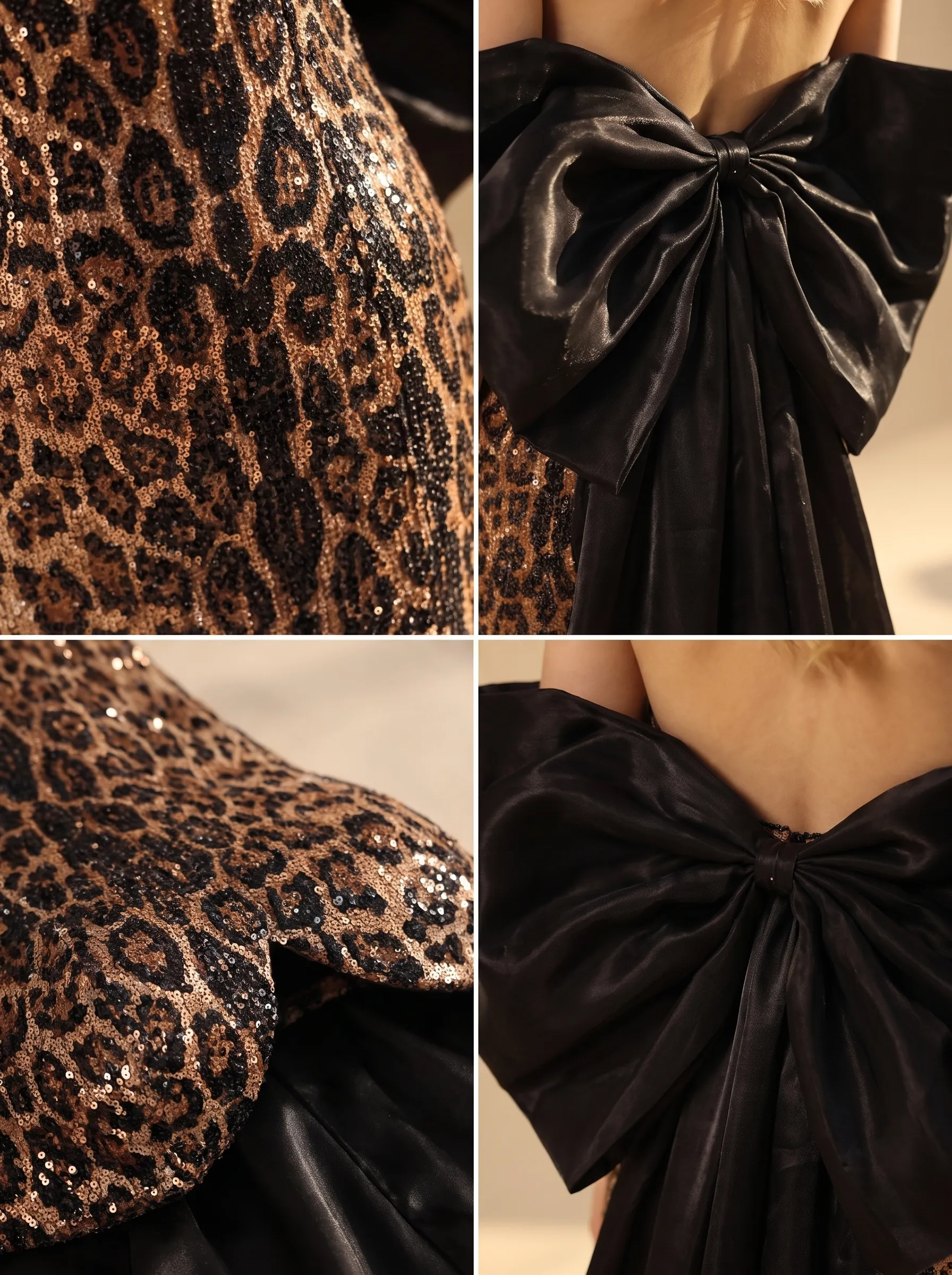 Sequin Leopard Print Strapless Mermaid Evening Gown with Black Satin Back Bow & Train CLP7012