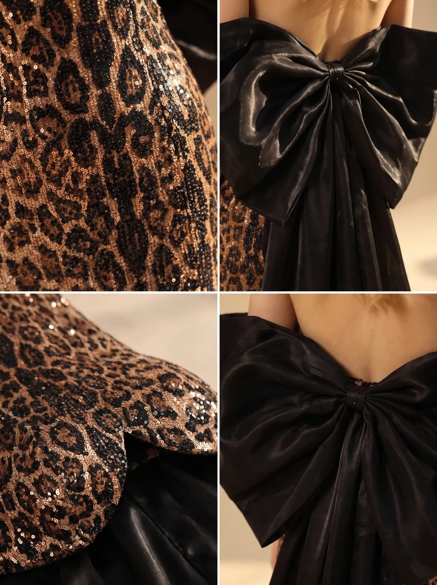Sequin Leopard Print Strapless Mermaid Evening Gown with Black Satin Back Bow & Train CLP7012