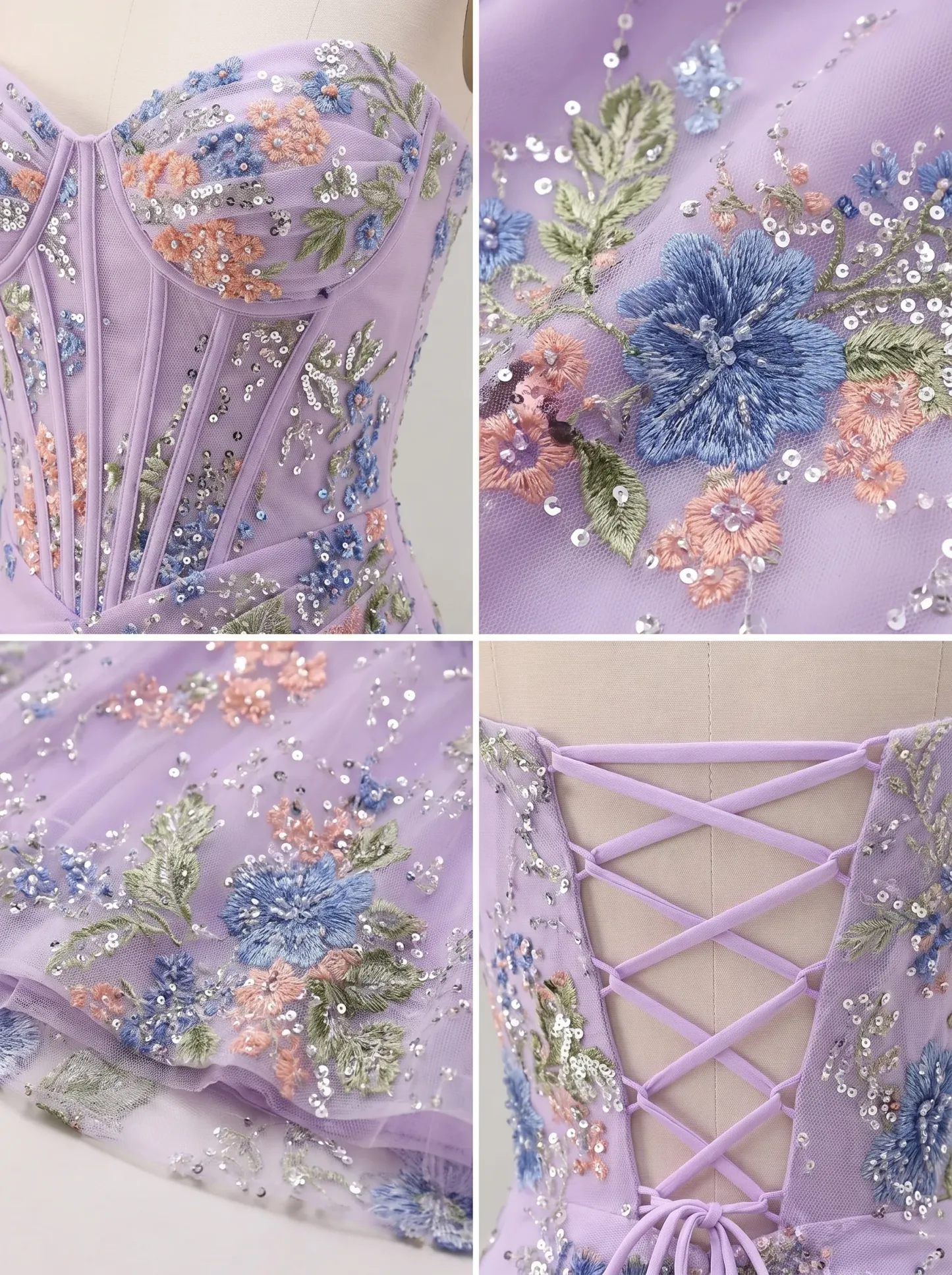 Lavender Floral Embroidered Strapless Sheer Corset Mermaid Evening Gown with Lace-Up Back & Slit CLP7017