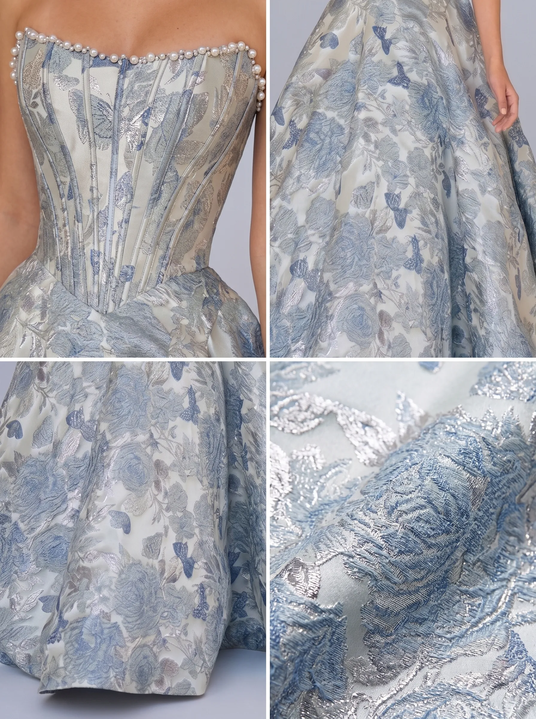 Silver & Blue Floral Brocade Strapless Pearl-Trimmed Corset Ball Gown CLP7011