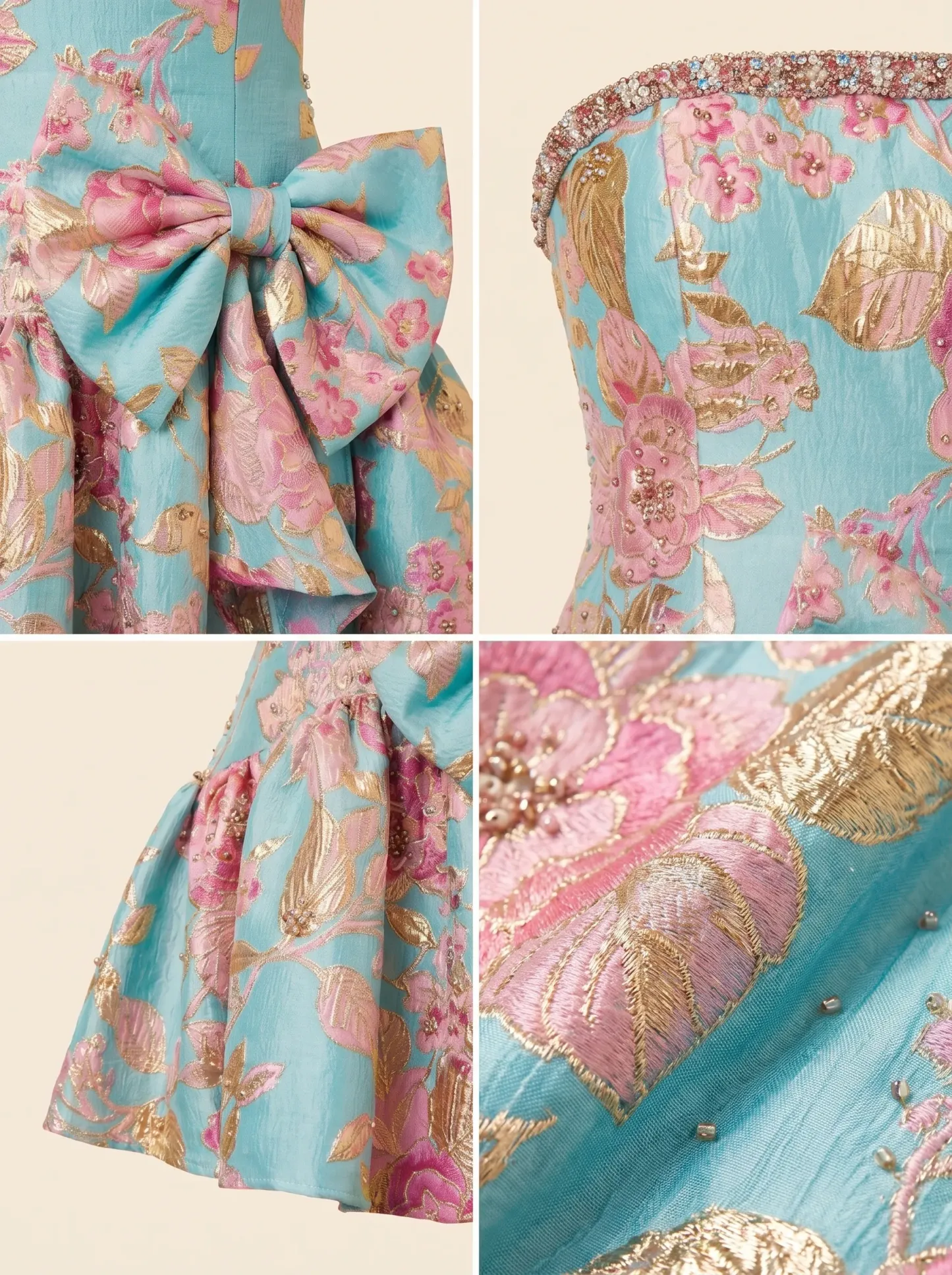 Pale Blue & Pink Floral Jacquard Strapless Mermaid Evening Gown with Bow & Cascading Ruffle CLP7024