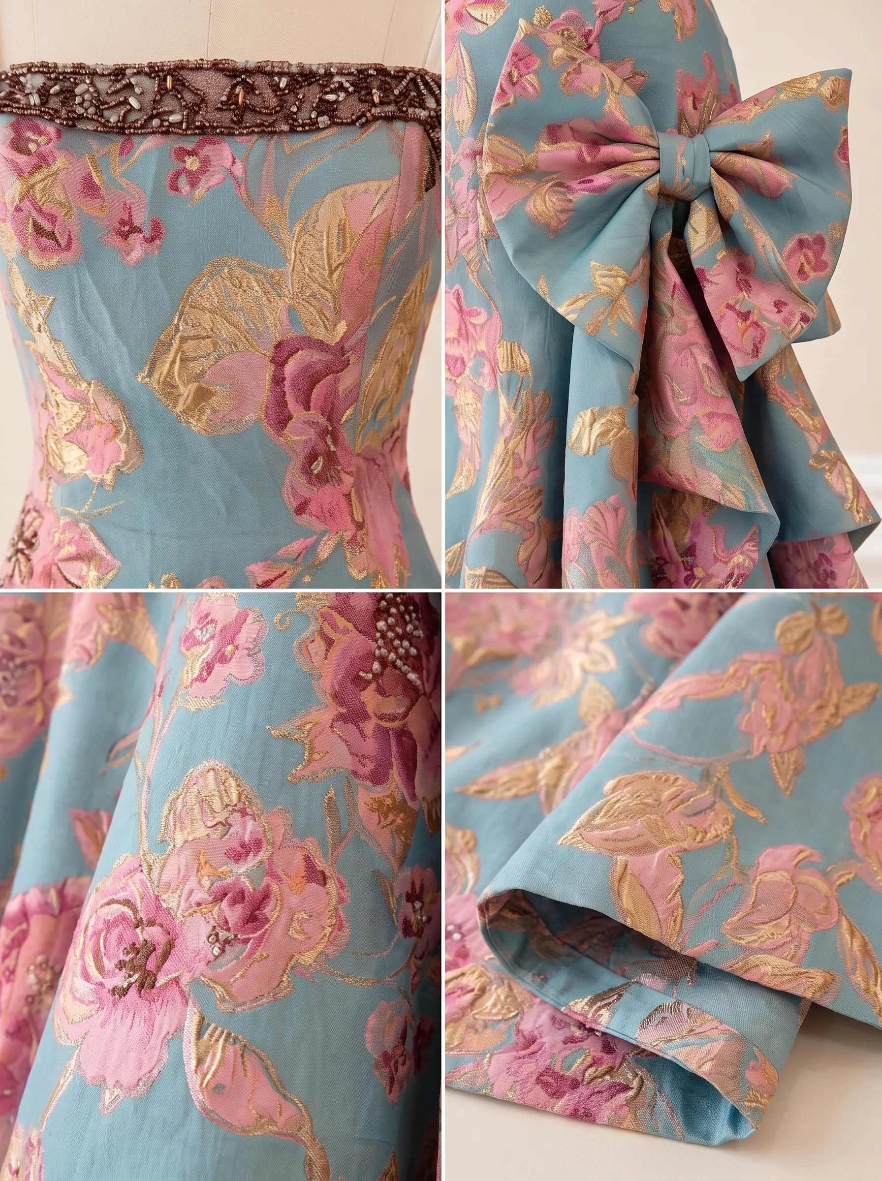 Pale Blue & Pink Floral Jacquard Strapless Ball Gown with Rhinestone Trim, Bow & Lace-Up Back CLP7025