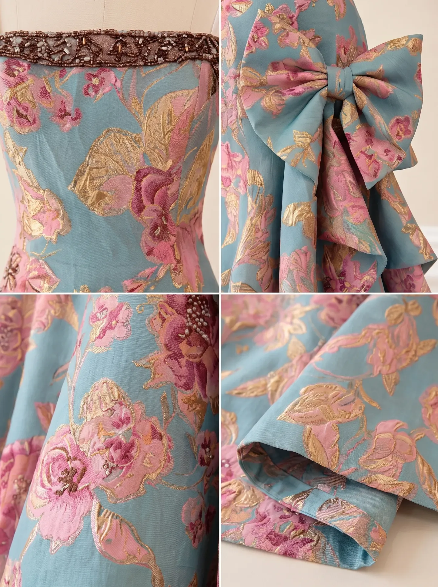 Pale Blue & Pink Floral Jacquard Strapless Ball Gown with Rhinestone Trim, Bow & Lace-Up Back CLP7025