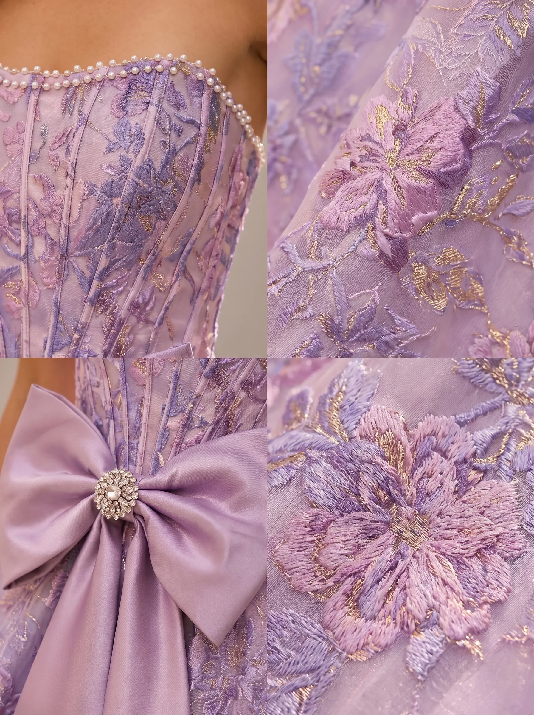 Lavender 3D Floral Embroidered Strapless Pearl Trim Corset Ball Gown with Bow & Pockets CLP7021