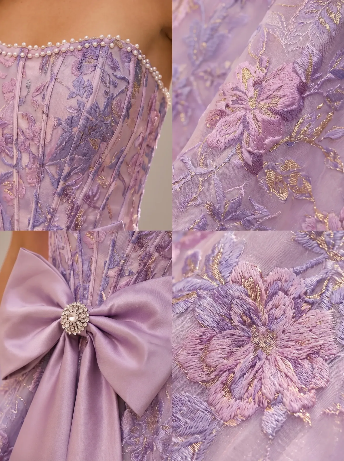 Lavender 3D Floral Embroidered Strapless Pearl Trim Corset Ball Gown with Bow & Pockets CLP7021