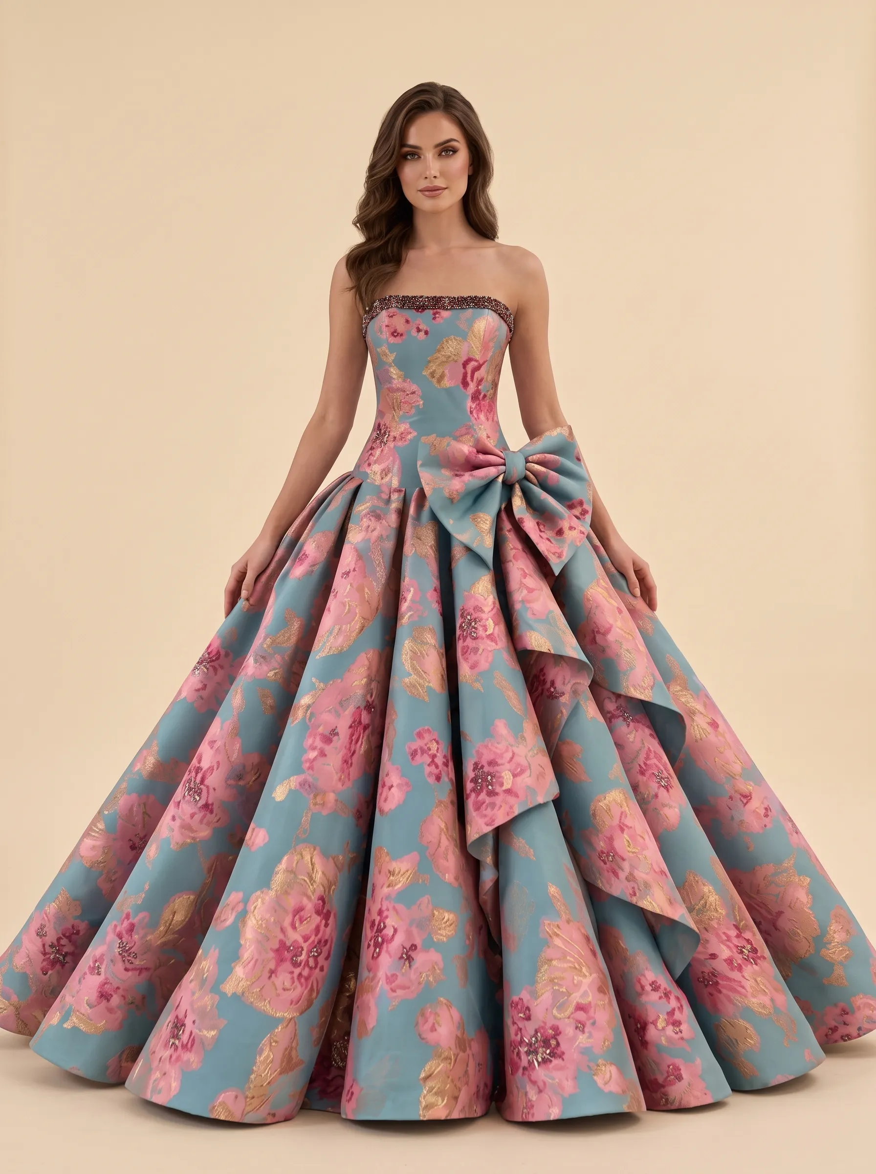Pale Blue & Pink Floral Jacquard Strapless Ball Gown with Rhinestone Trim, Bow & Lace-Up Back CLP7025