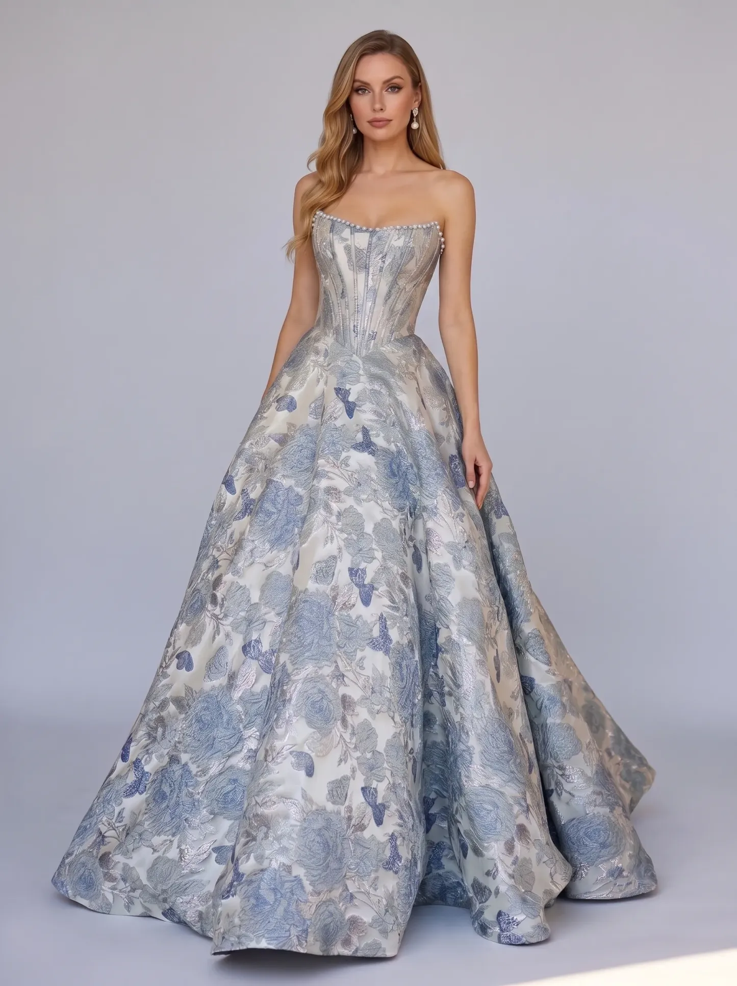 Silver & Blue Floral Brocade Strapless Pearl-Trimmed Corset Ball Gown CLP7011