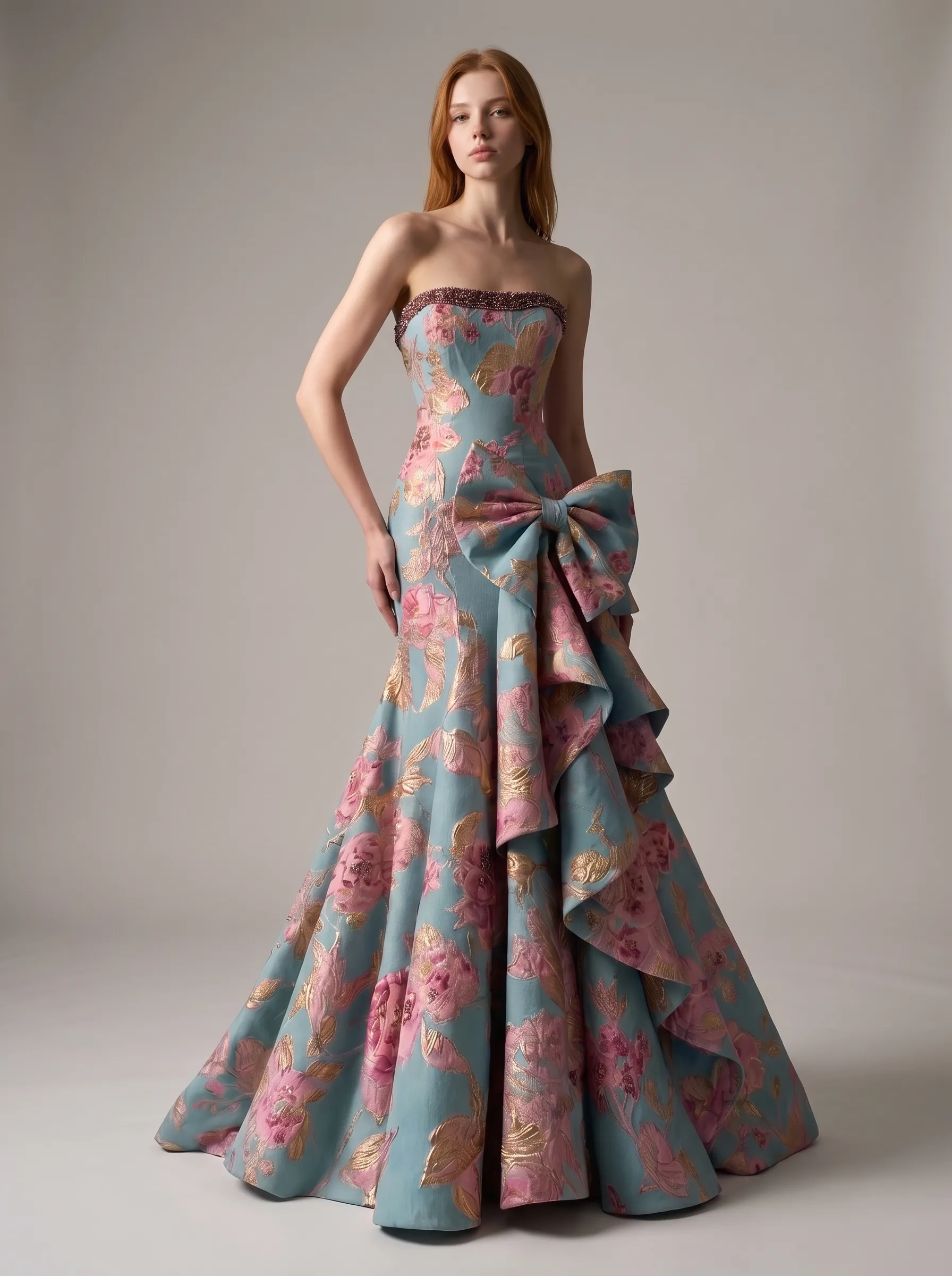 Pale Blue & Pink Floral Jacquard Strapless Mermaid Evening Gown with Bow & Cascading Ruffle CLP7024