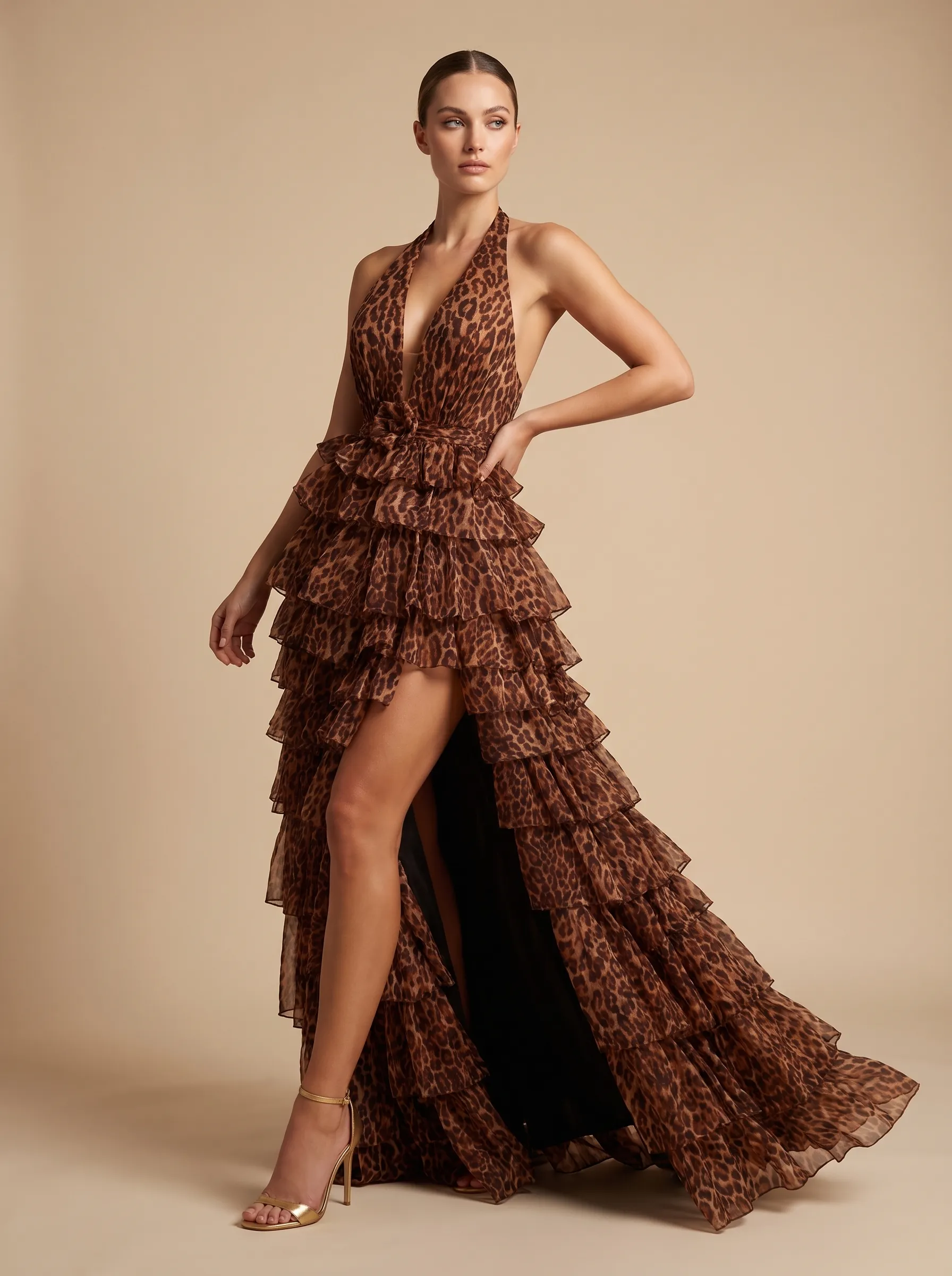 Leopard Print Halter Deep V-Neck Backless Tiered Ruffle Evening Dress with High Slit CLP7002