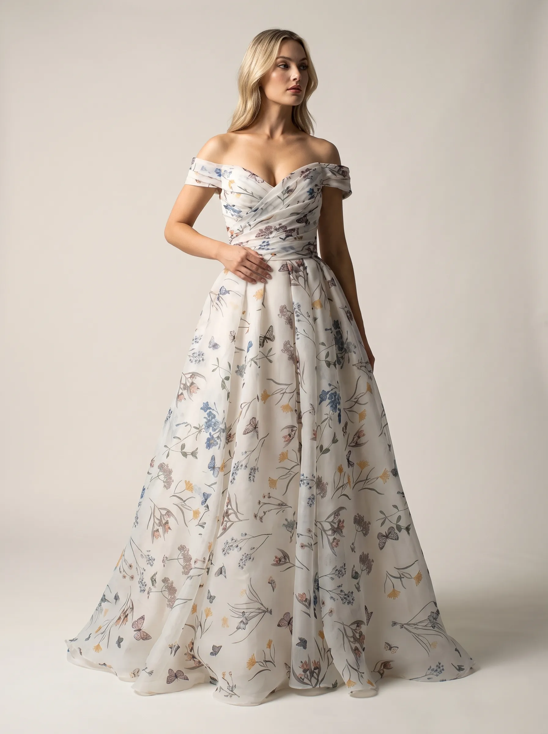 Ivory Butterfly & Floral Print Off-Shoulder Draped A-Line Evening Gown with Train CLP7006