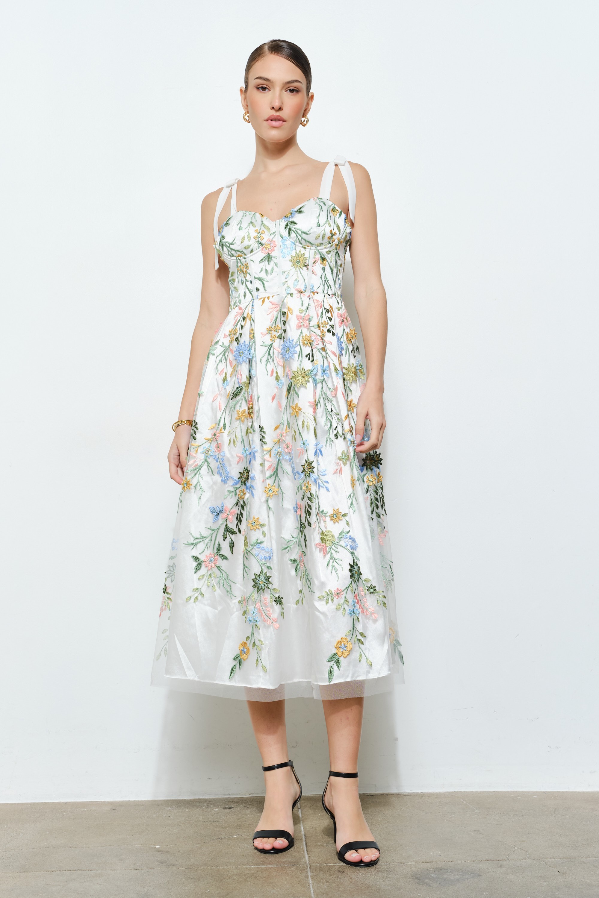 Romantic Floral Embroidered Mesh Midi Dress