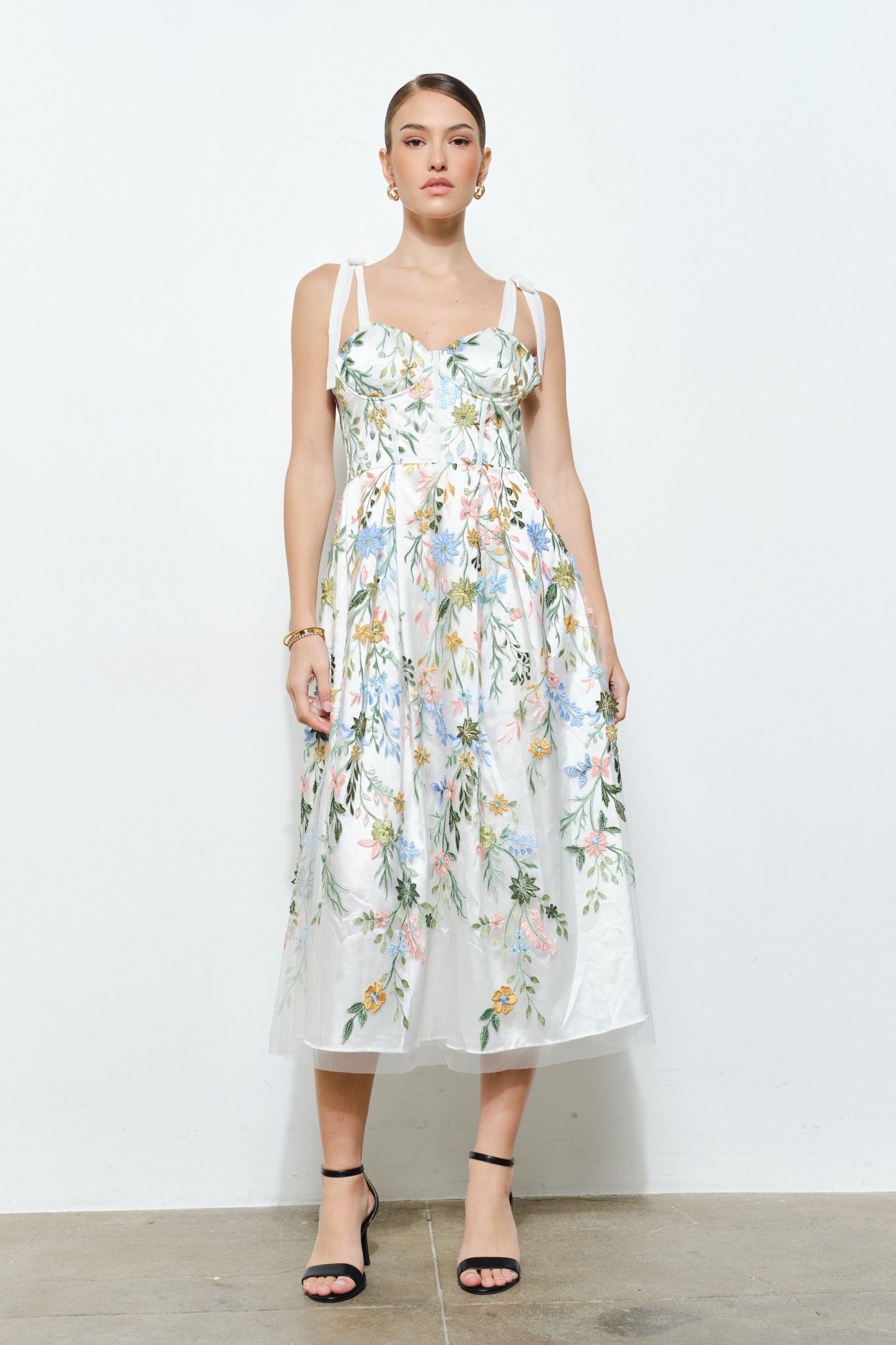 Romantic Floral Embroidered Mesh Midi Dress