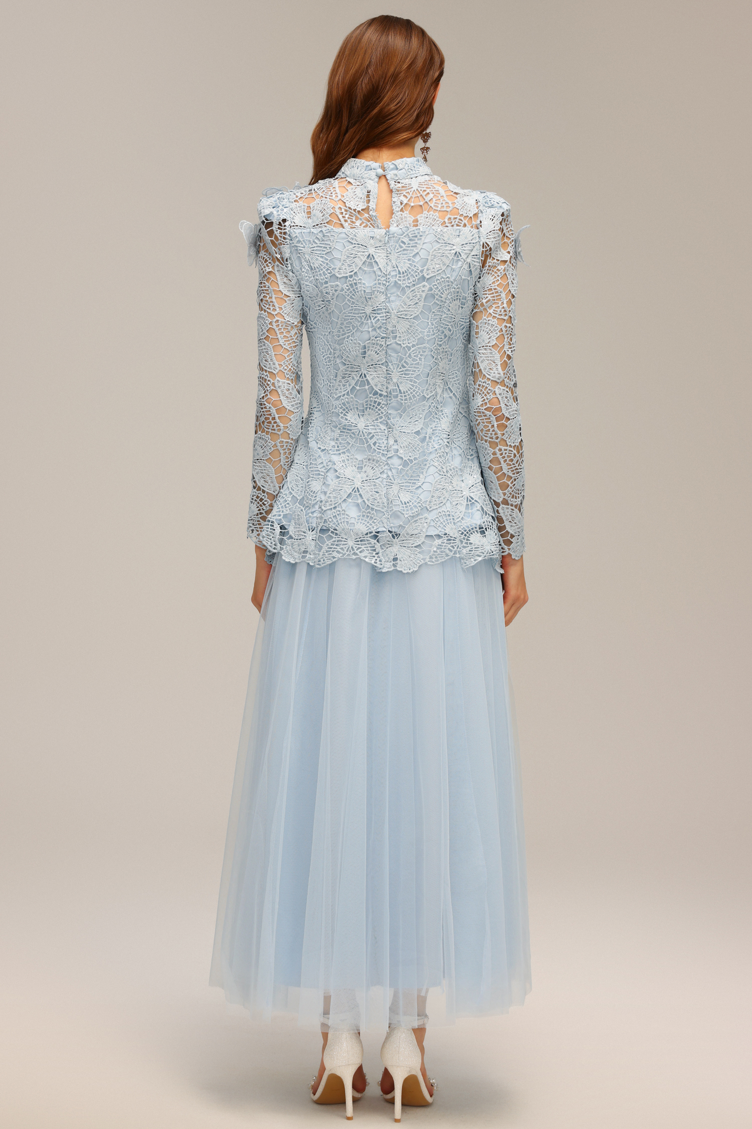Sabina Long Sleeve Folds Lace Butterfly Top And Skirt Two-Piece Set
