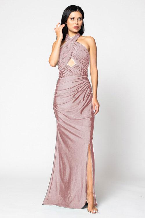 BARI JAY STYLE 2206 Halter Pleated Criss-Cross Bridesmaid Dress With Keyhole