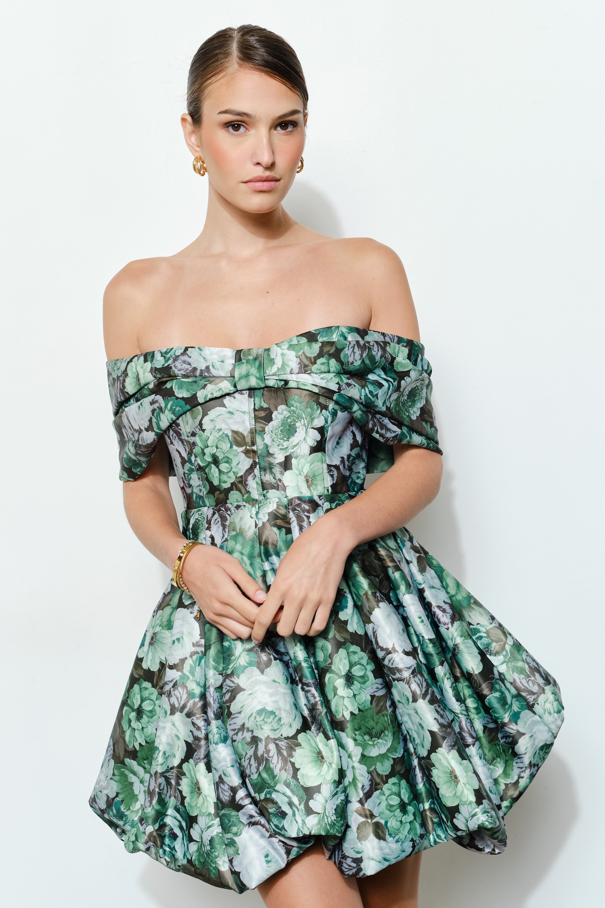 Floral Off-shoulder Lace-up Balloon Mini Dress