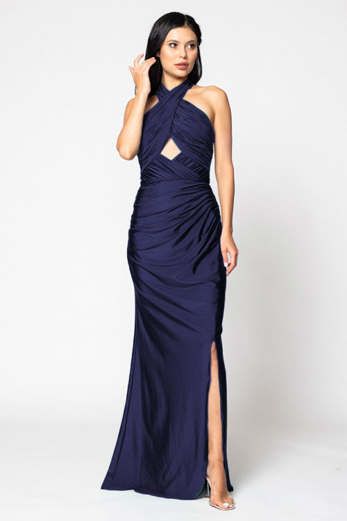 BARI JAY STYLE 2206 Halter Pleated Criss-Cross Bridesmaid Dress With Keyhole