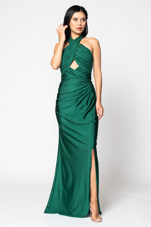 BARI JAY STYLE 2206 Halter Pleated Criss-Cross Bridesmaid Dress With Keyhole