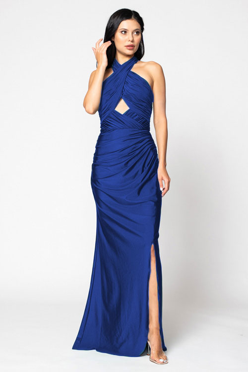 BARI JAY STYLE 2206 Halter Pleated Criss-Cross Bridesmaid Dress With Keyhole