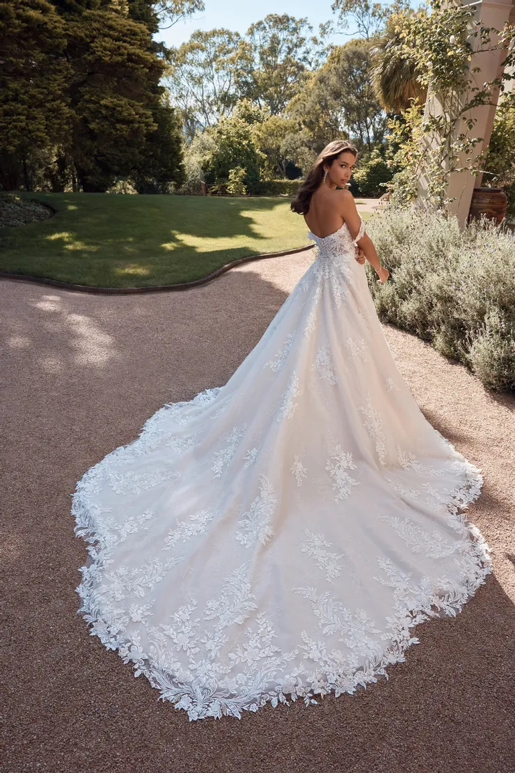 Beaded Bridal Ball Gown Featuring Grand Train With Lace Trim # ST625