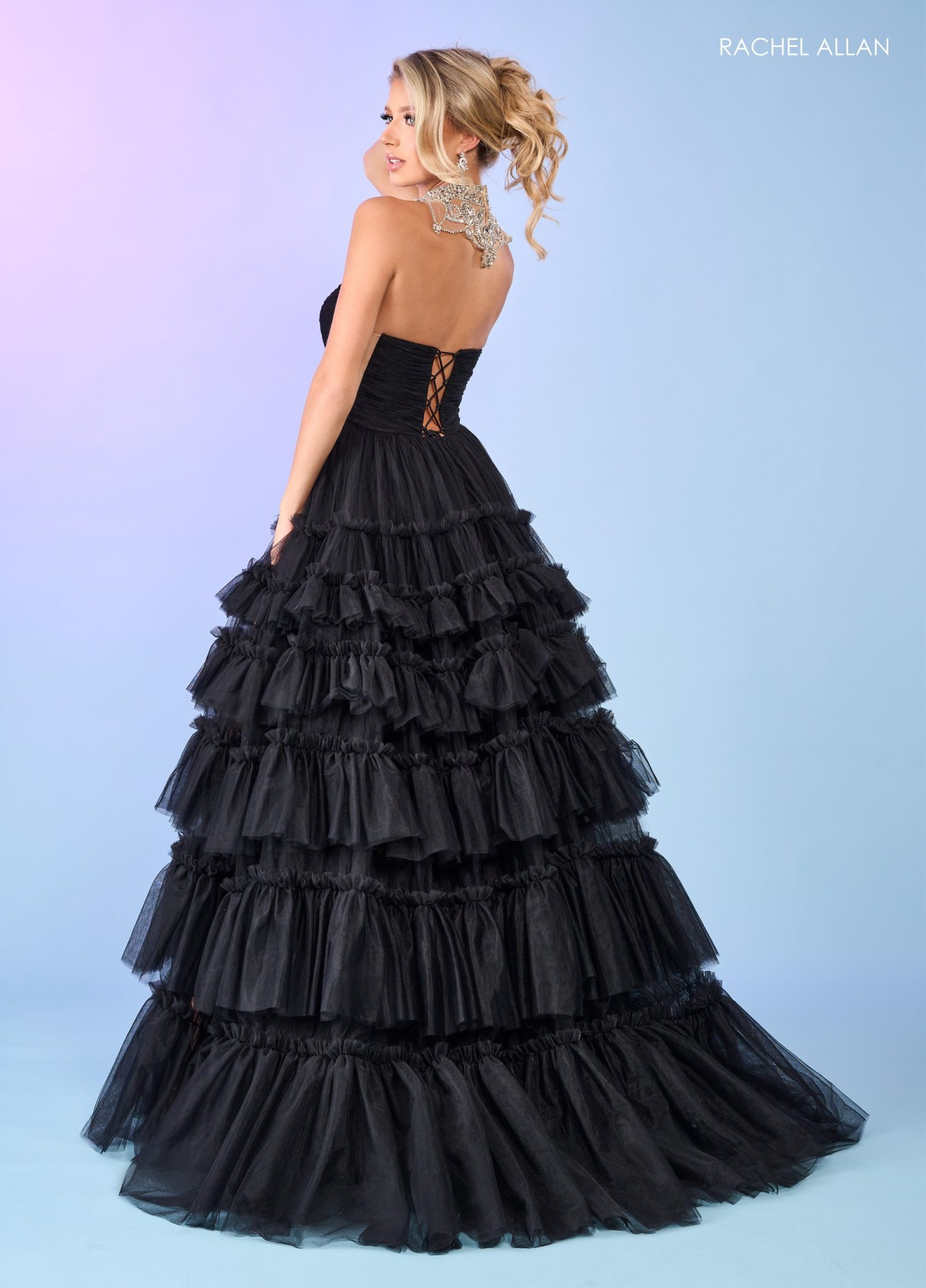 A-Line Curves Tulle Stone Beading Slit Lace Up Back Prom Dress 70503