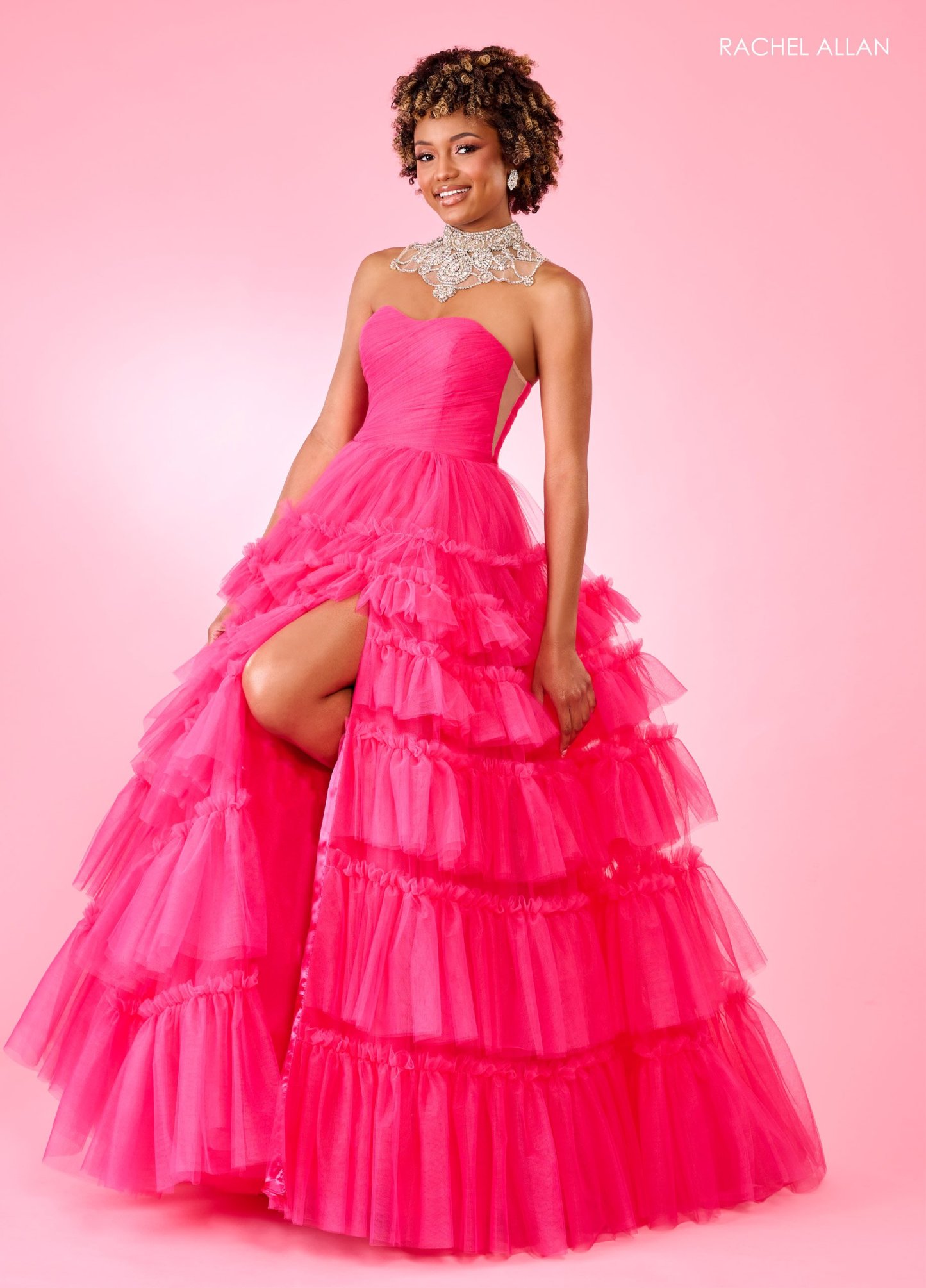 A-Line Curves Tulle Stone Beading Slit Lace Up Back Prom Dress 70503