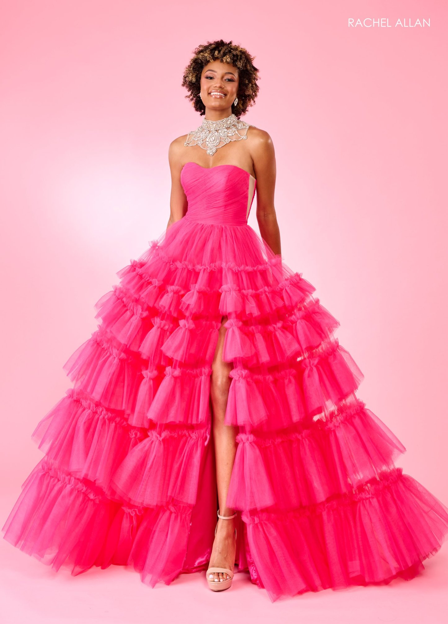 A-Line Curves Tulle Stone Beading Slit Lace Up Back Prom Dress 70503