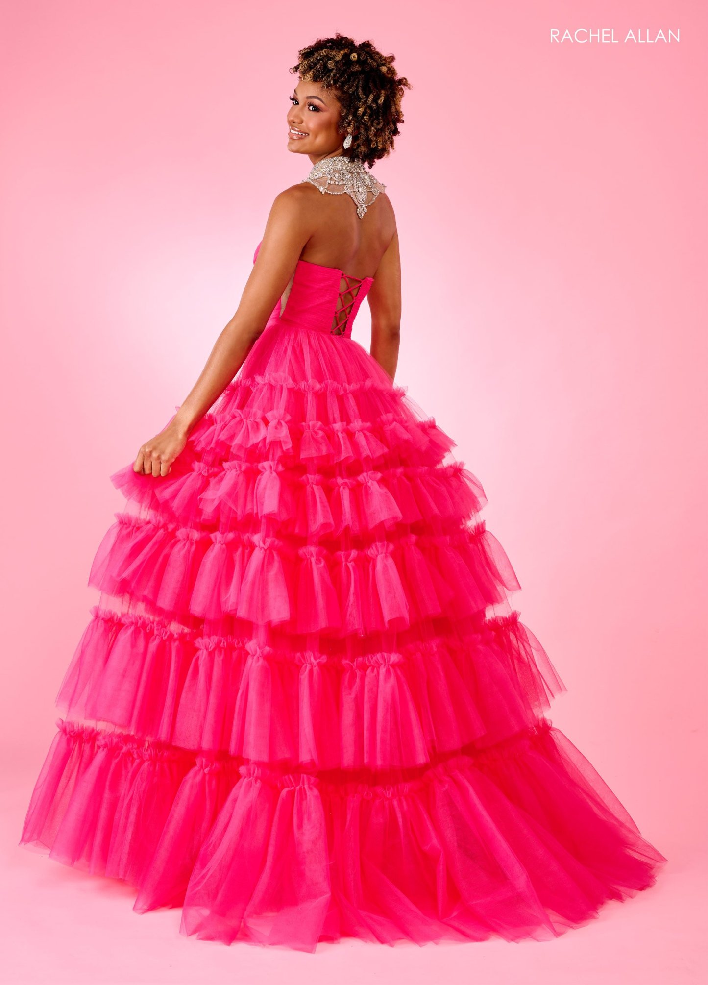 A-Line Curves Tulle Stone Beading Slit Lace Up Back Prom Dress 70503