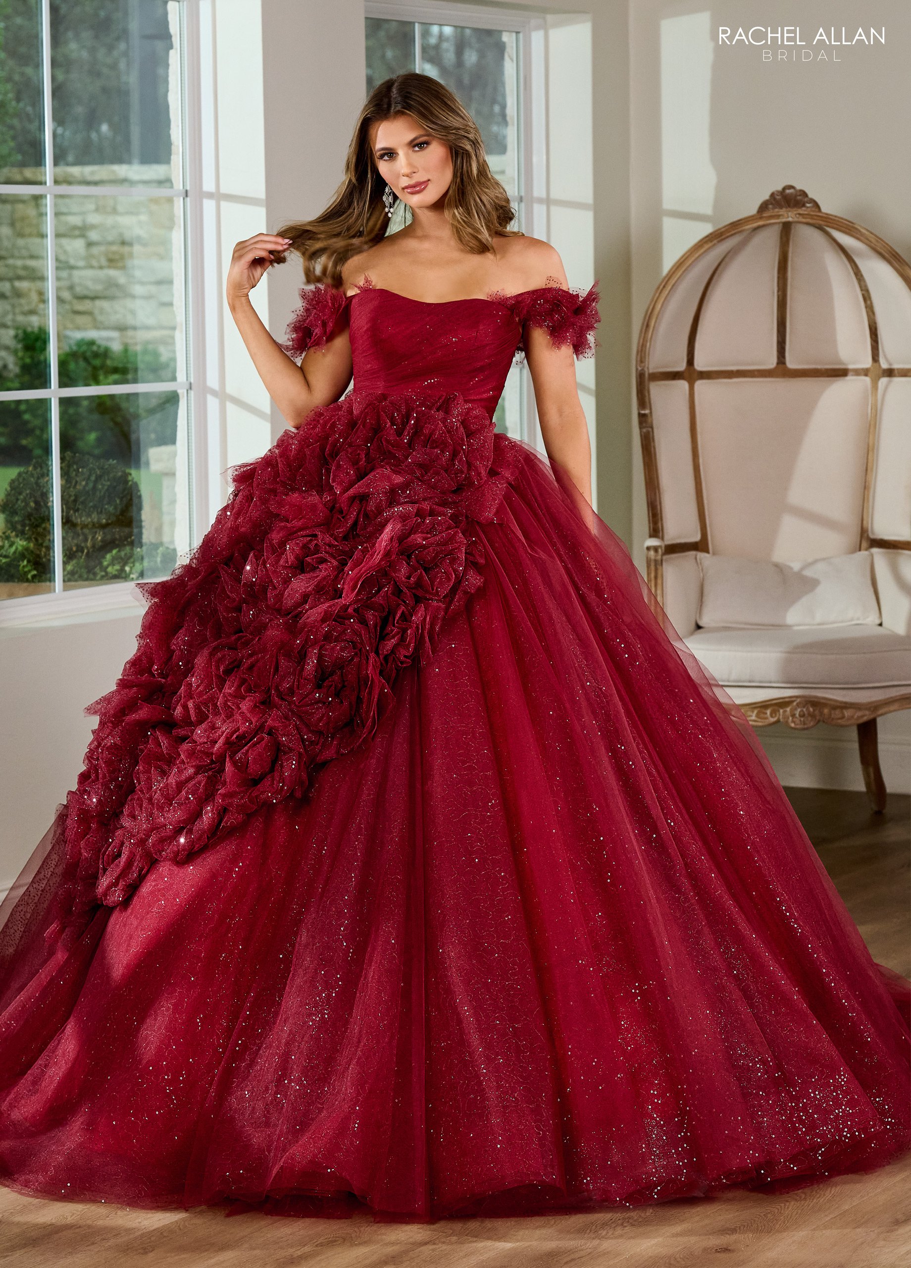 Romance Off-The-Shoulder Glittering Tulle 3d Flowers Wedding Dress RB6153