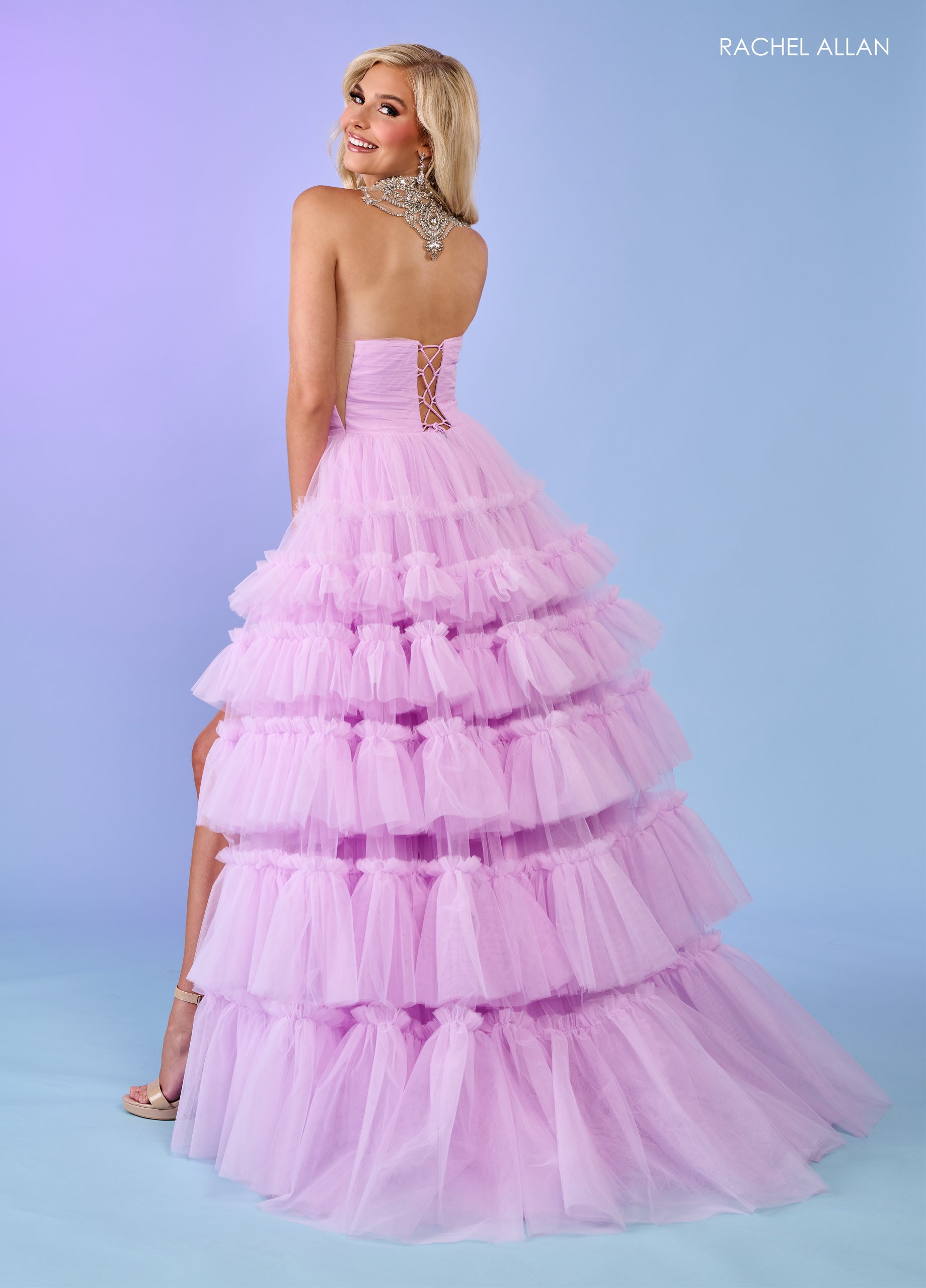 A-Line Curves Tulle Stone Beading Slit Lace Up Back Prom Dress 70503