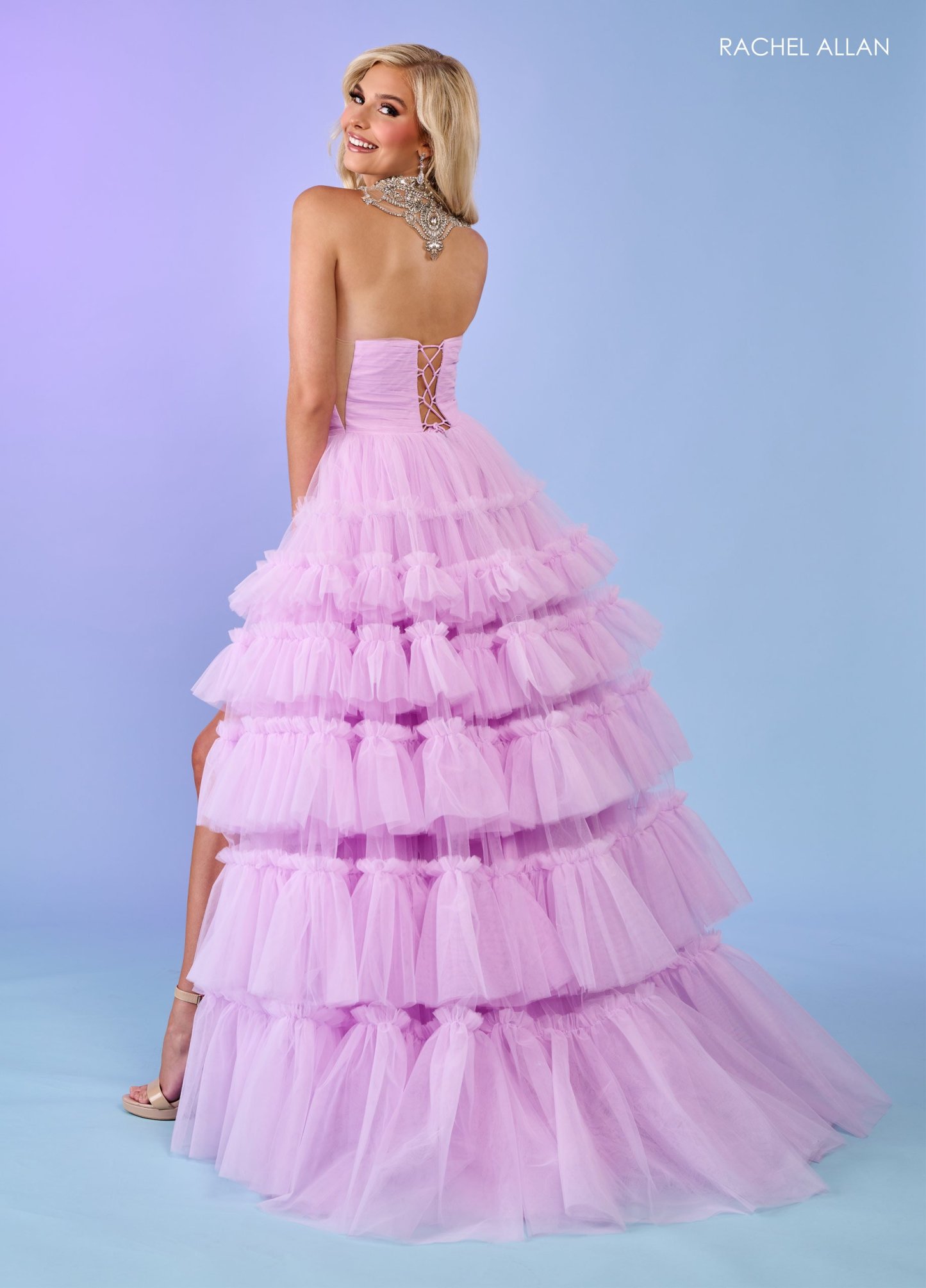 A-Line Curves Tulle Stone Beading Slit Lace Up Back Prom Dress 70503